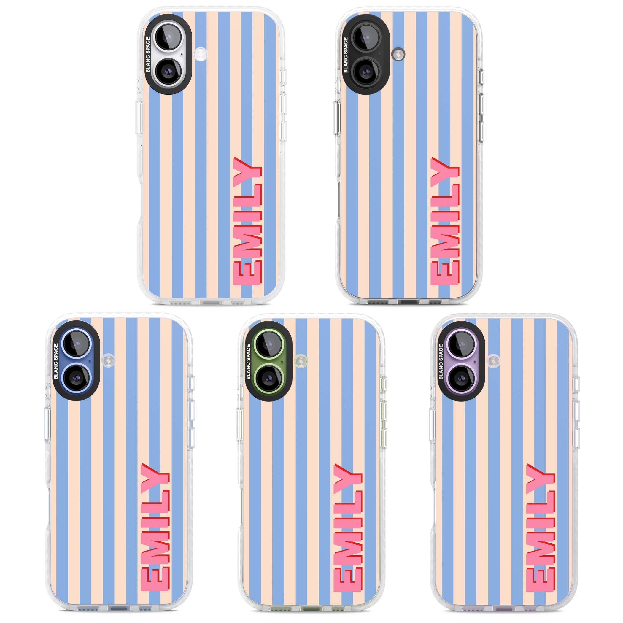 Coastal Stripe personalised coastal iPhone case with blue and peach vertical stripes and custom pink name | Impact Magsafe case for iPhone 17