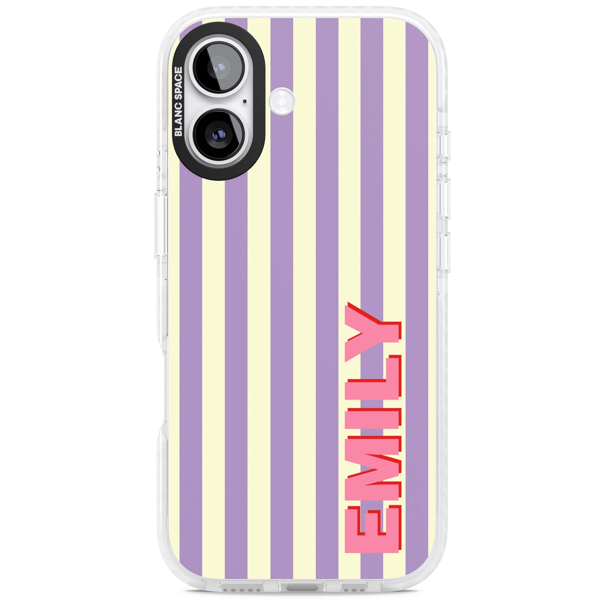 Valensole Stripe personalised iPhone case with purple and cream vertical stripes and pink custom name | Impact Magsafe case for iPhone 17