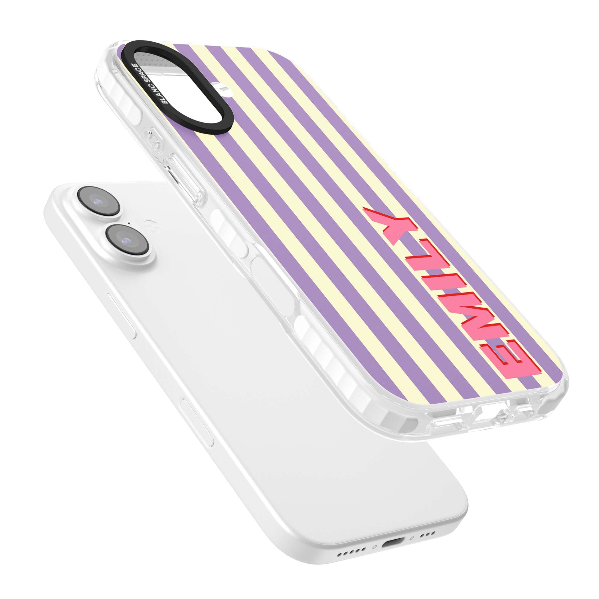 Valensole Stripe personalised iPhone case with purple and cream vertical stripes and pink custom name | Impact Magsafe case for iPhone 17