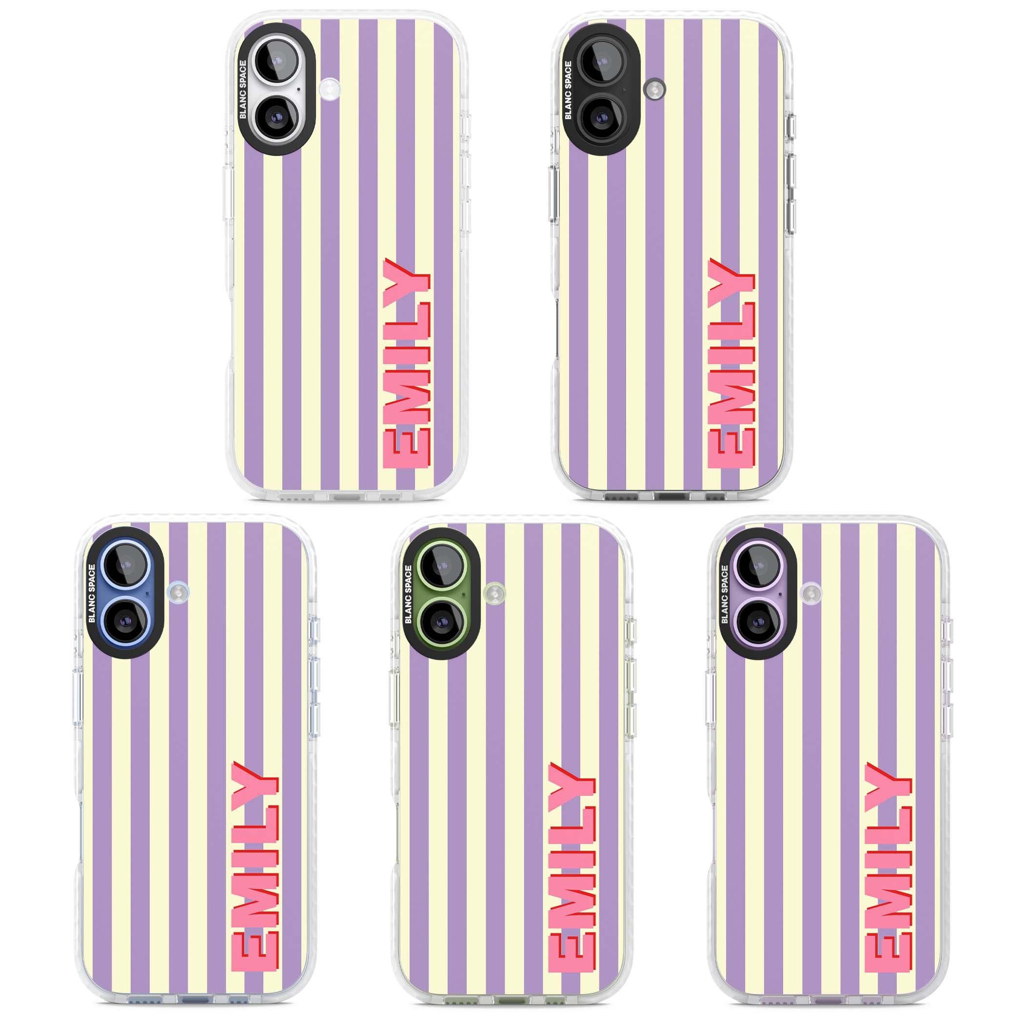 Valensole Stripe personalised iPhone case with purple and cream vertical stripes and pink custom name | Impact Magsafe case for iPhone 17