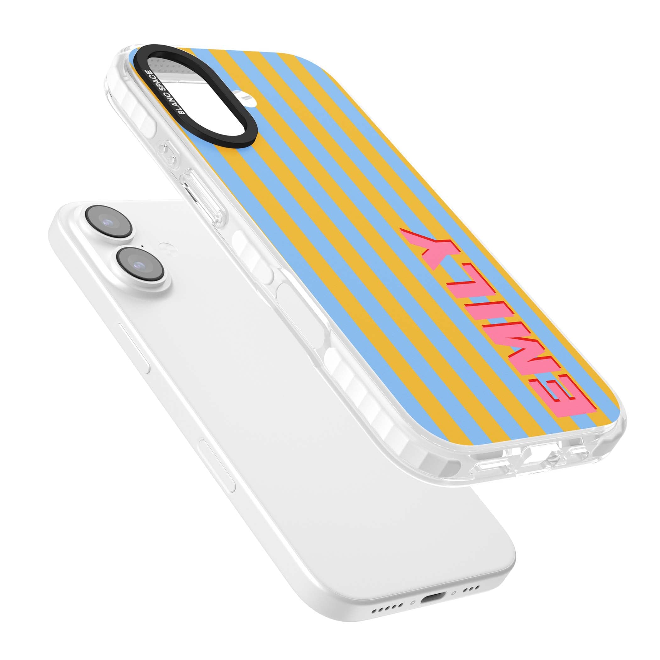 Carribean Stripe personalised coastal iPhone case with yellow and blue vertical stripes and a custom pink name | Impact Magsafe case for iPhone 17