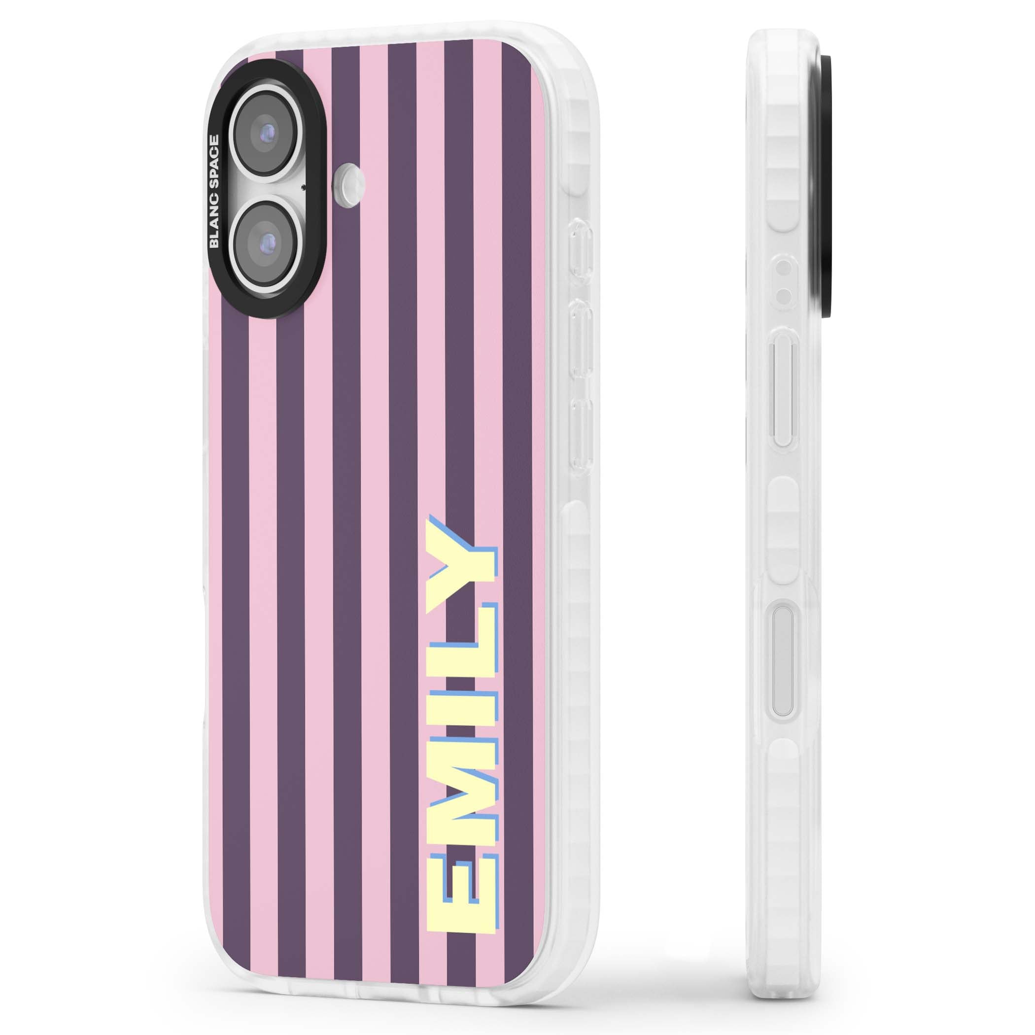 Tyre Stripe personalised stripe iPhone case with plum and pink vertical stripes and custom yellow name | Impact Magsafe case for iPhone 17