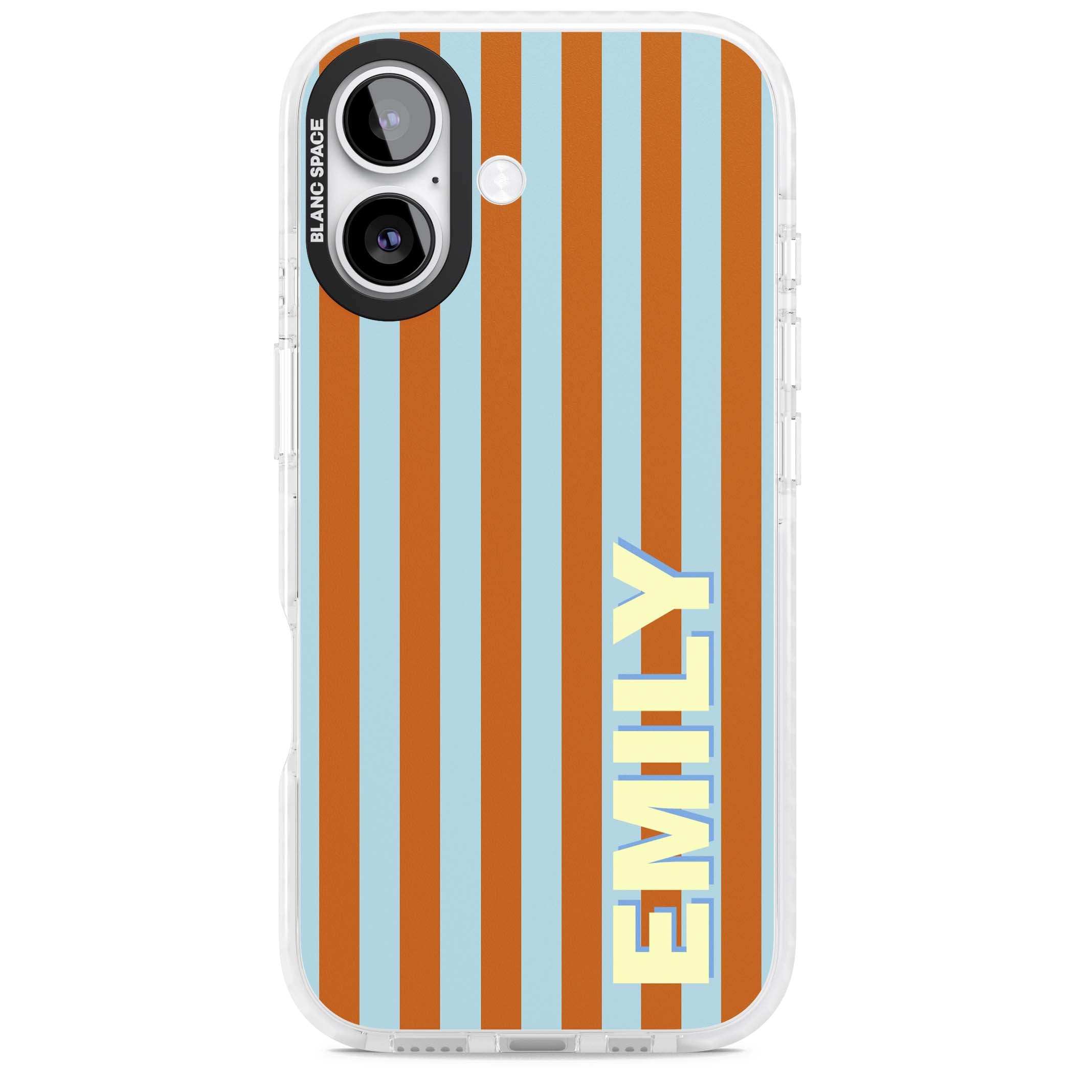 Cappadocia Stripe personalised coastal iPhone case featuring blue and orange vertical stripes with custom cream name | Impact Magsafe case for iPhone 17