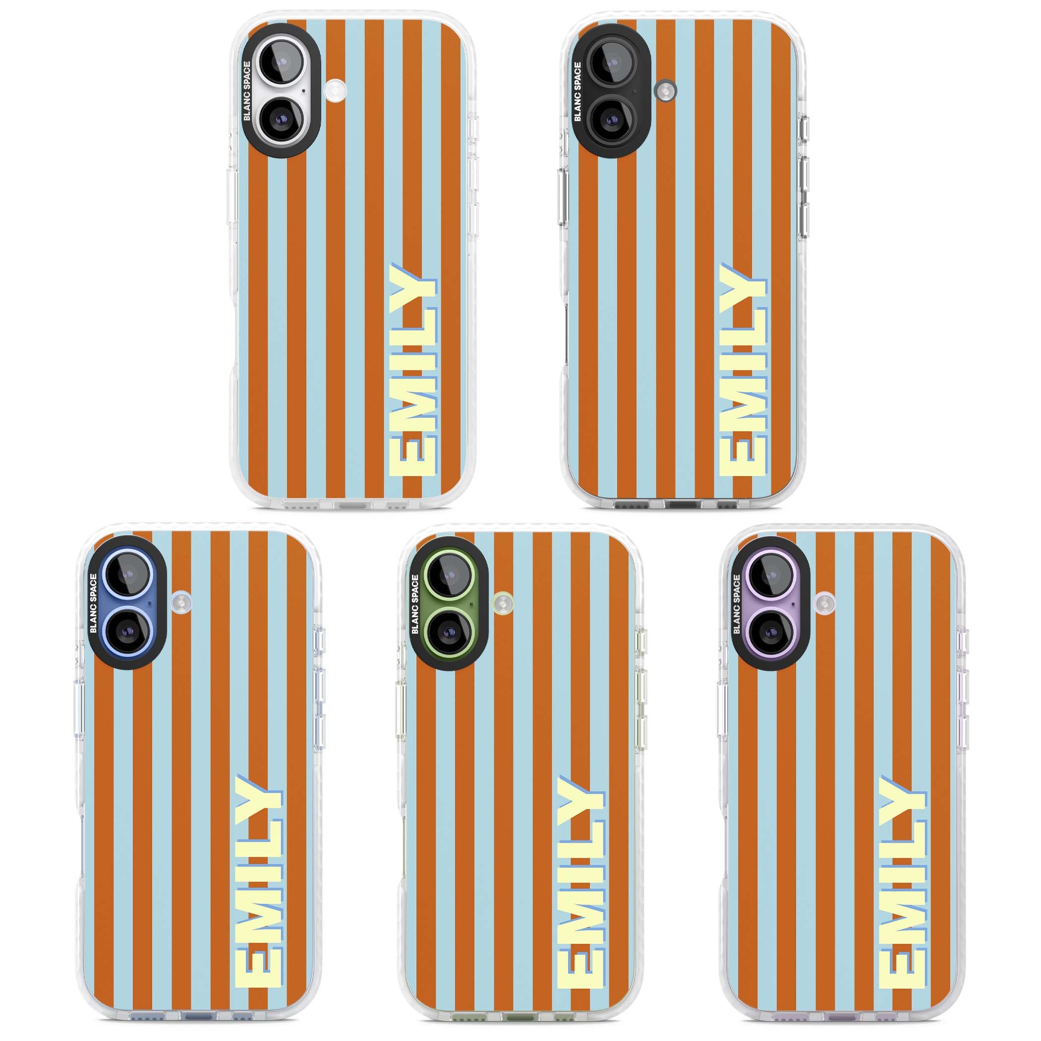 Cappadocia Stripe personalised coastal iPhone case featuring blue and orange vertical stripes with custom cream name | Impact Magsafe case for iPhone 17