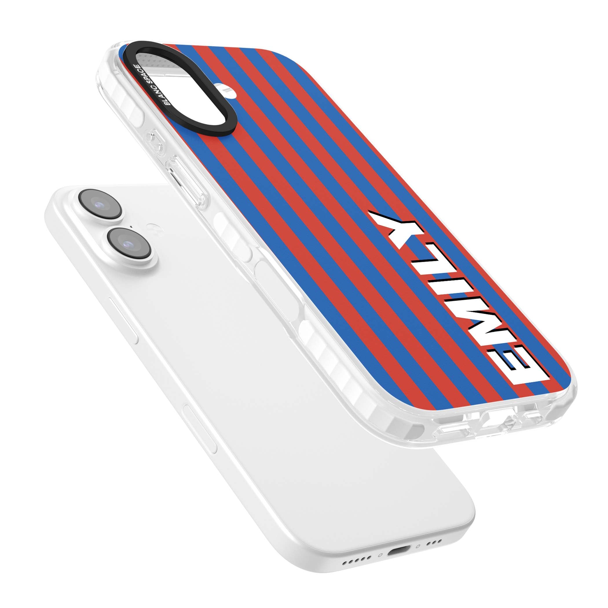 Cuban Stripe personalised iPhone case featuring red and blue vertical stripes with custom name in bold white letters | Impact Magsafe case for iPhone 17