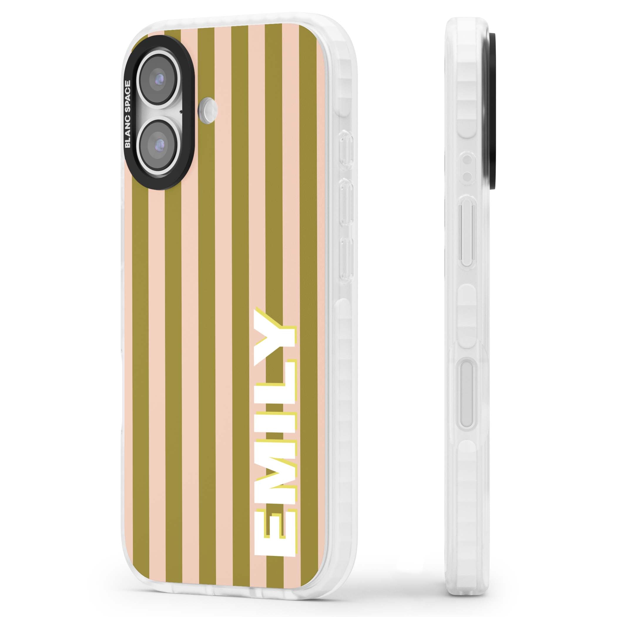 Indian Stripe personalised iPhone case featuring olive green and blush pink vertical stripes with custom name in whit | Impact Magsafe case for iPhone 17