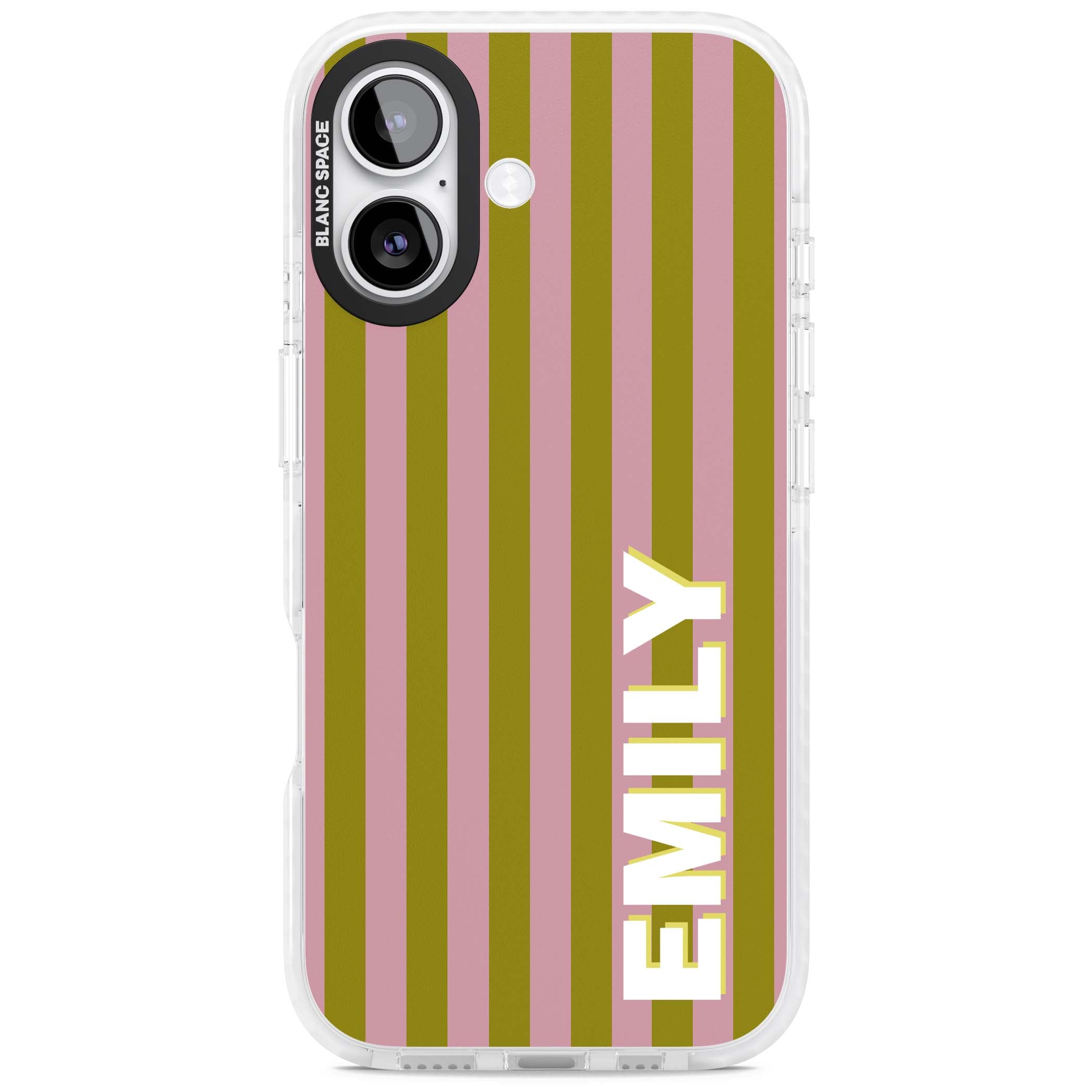 Istanbul Stripe personalised iPhone case featuring pink and olive green vertical stripes with a custom vertical name | Impact Magsafe case for iPhone 17