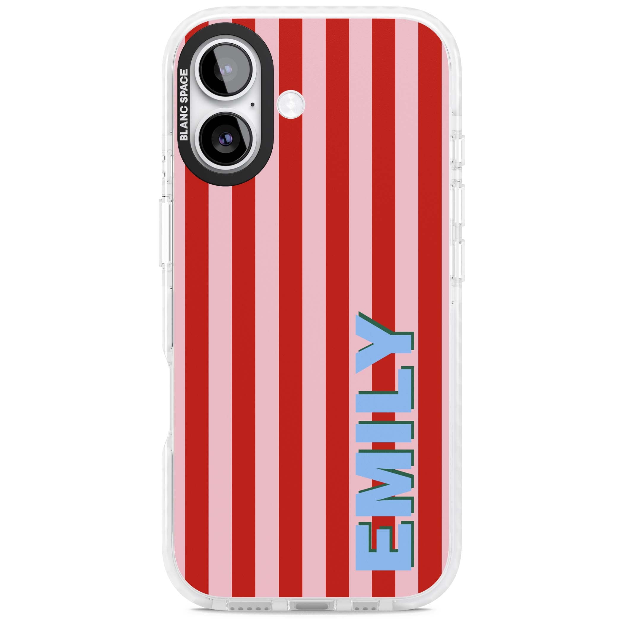 Market Stripe personalised iPhone case with red and pink vertical stripes and custom blue name | Impact Magsafe case for iPhone 17
