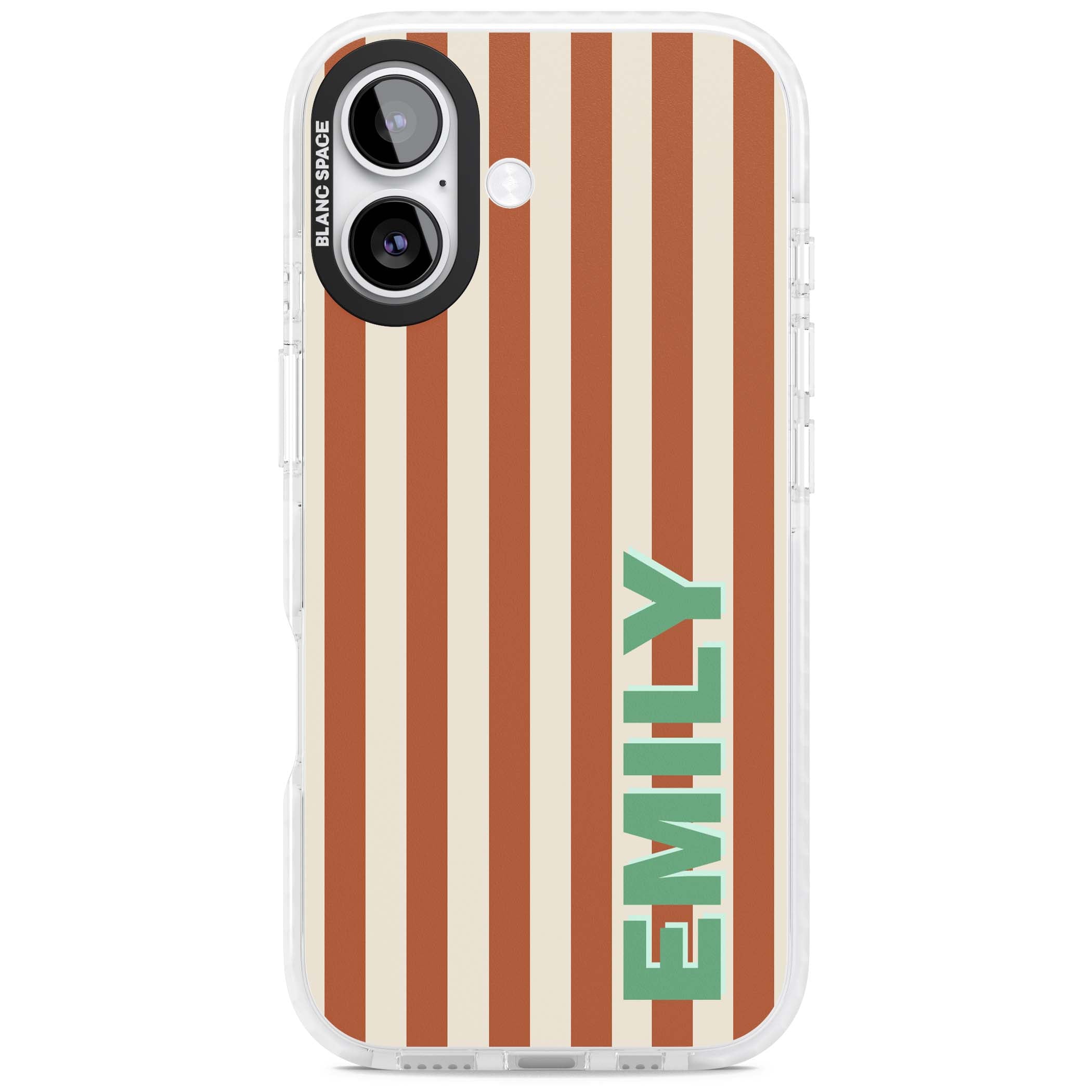 Dune Stripe personalised iPhone case with rust and cream vertical stripes and custom name in mint green | Impact Magsafe case for iPhone 17