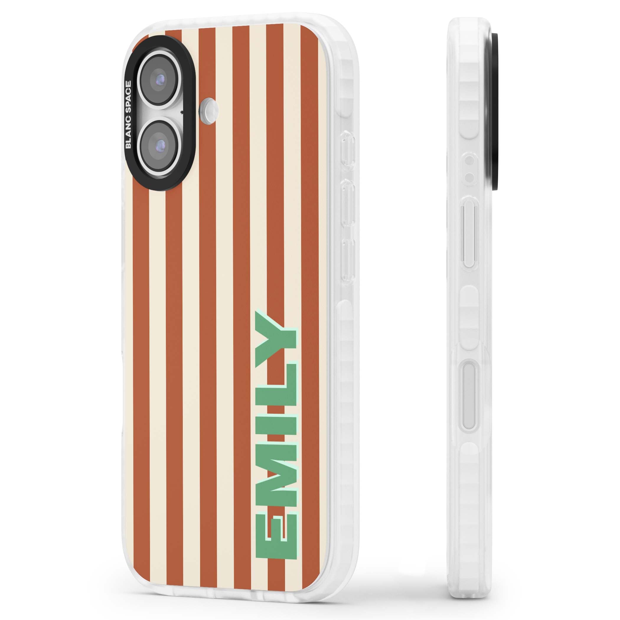 Dune Stripe personalised iPhone case with rust and cream vertical stripes and custom name in mint green | Impact Magsafe case for iPhone 17