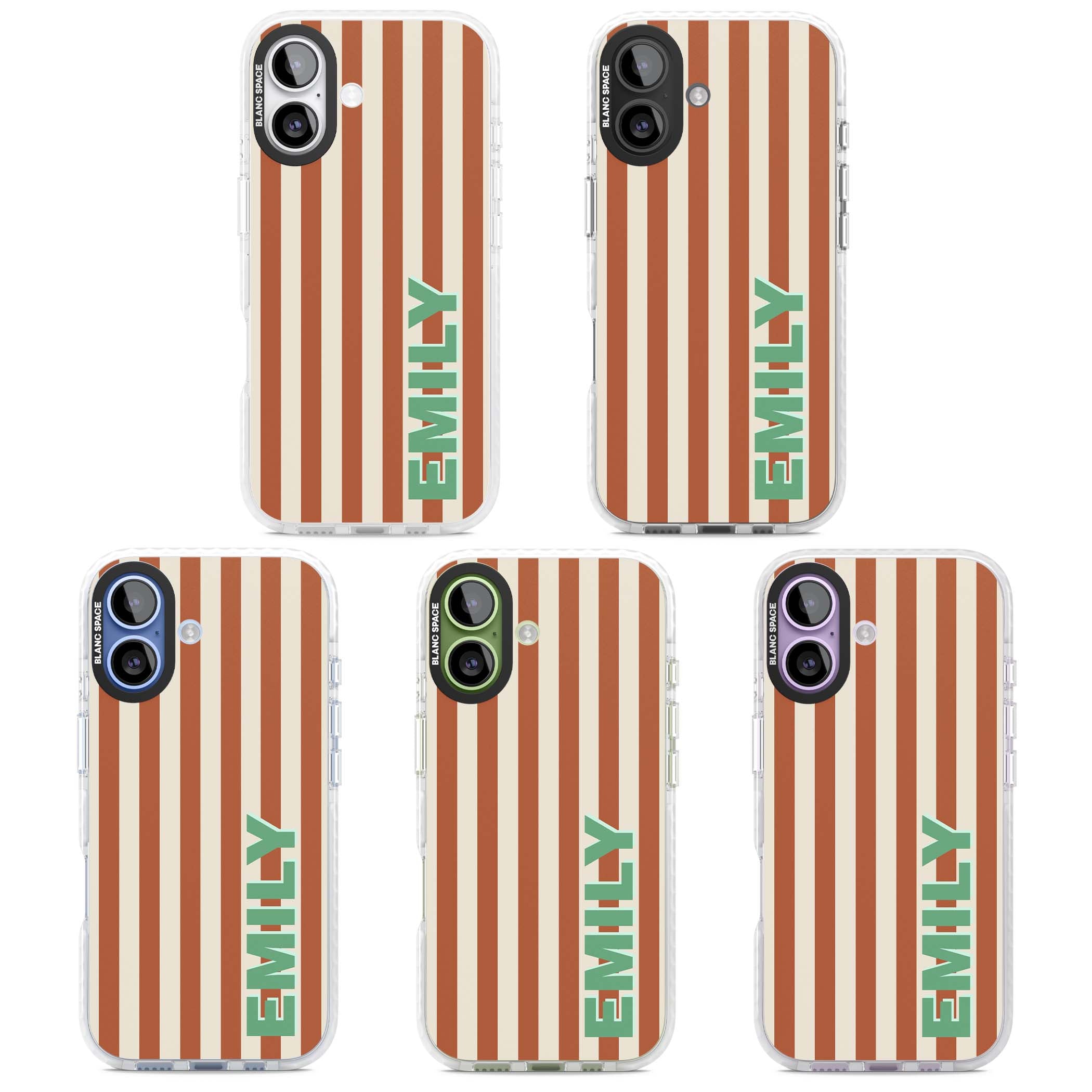 Dune Stripe personalised iPhone case with rust and cream vertical stripes and custom name in mint green | Impact Magsafe case for iPhone 17