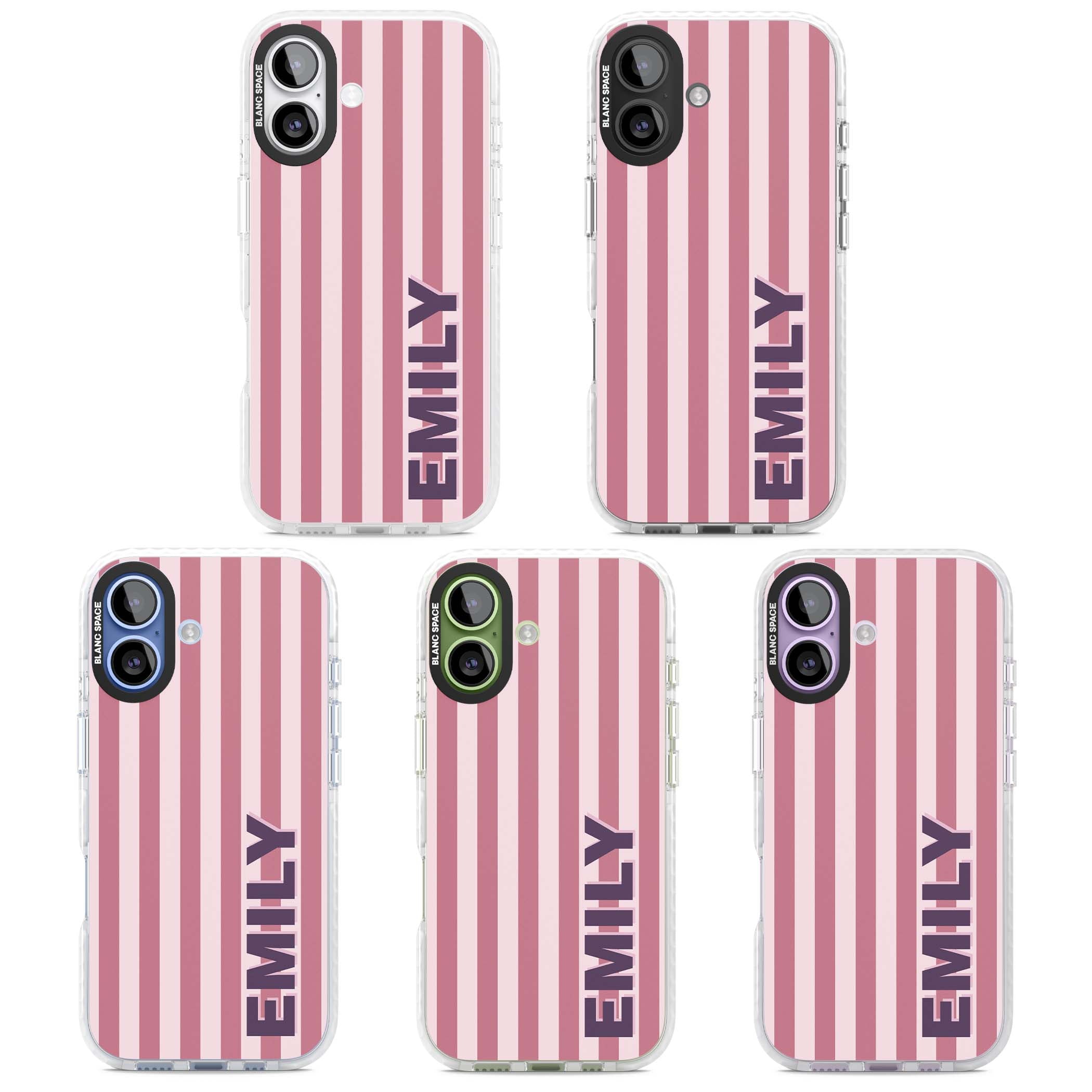 Victoria Stripe personalised iPhone case featuring pink vertical stripes and custom name in bold plum lettering | Impact Magsafe case for iPhone 17