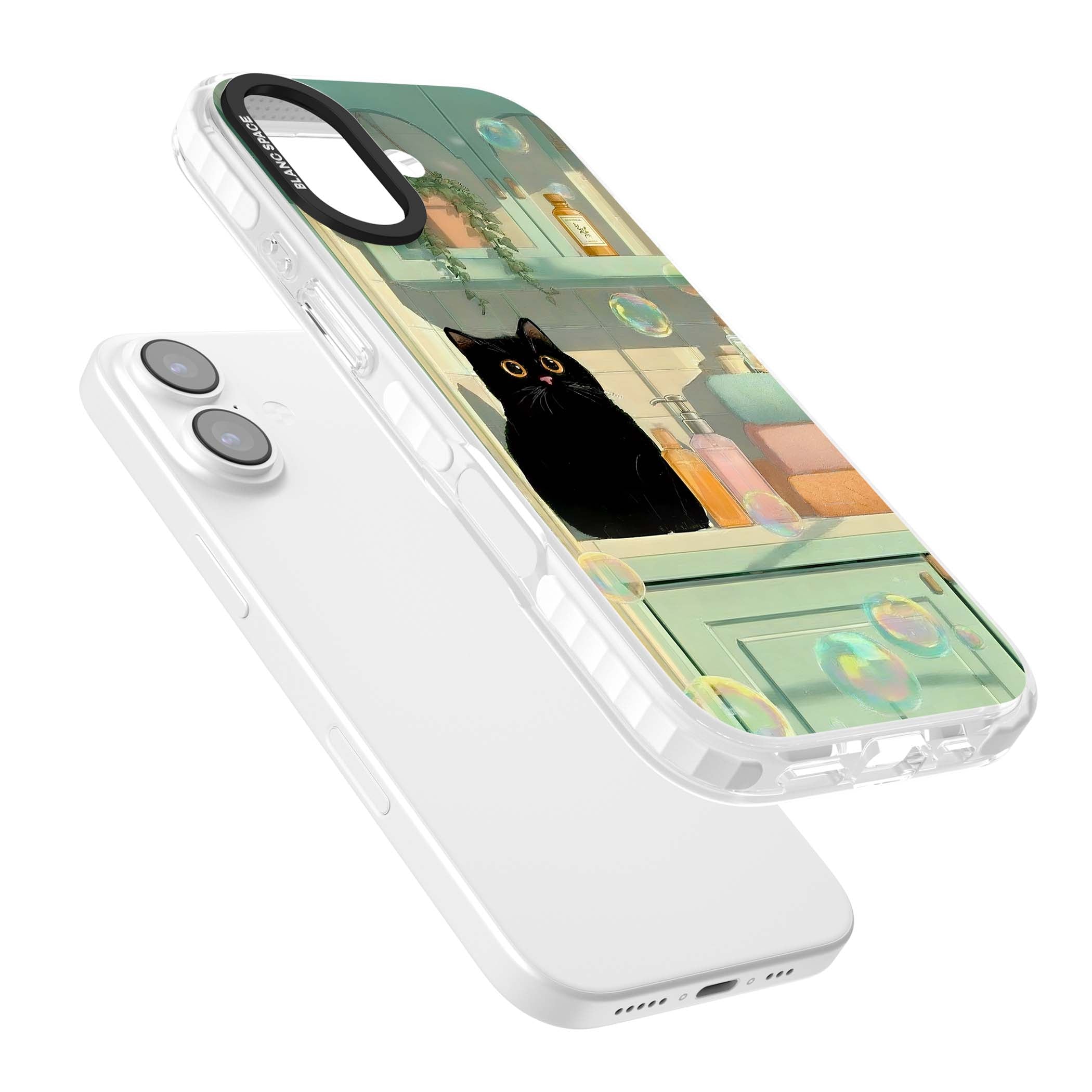 Bathroom Bubble Kitty cottagecore iPhone case featuring a black cat, mint bathroom scene and floating soap bubbles | Impact Magsafe case for iPhone 17