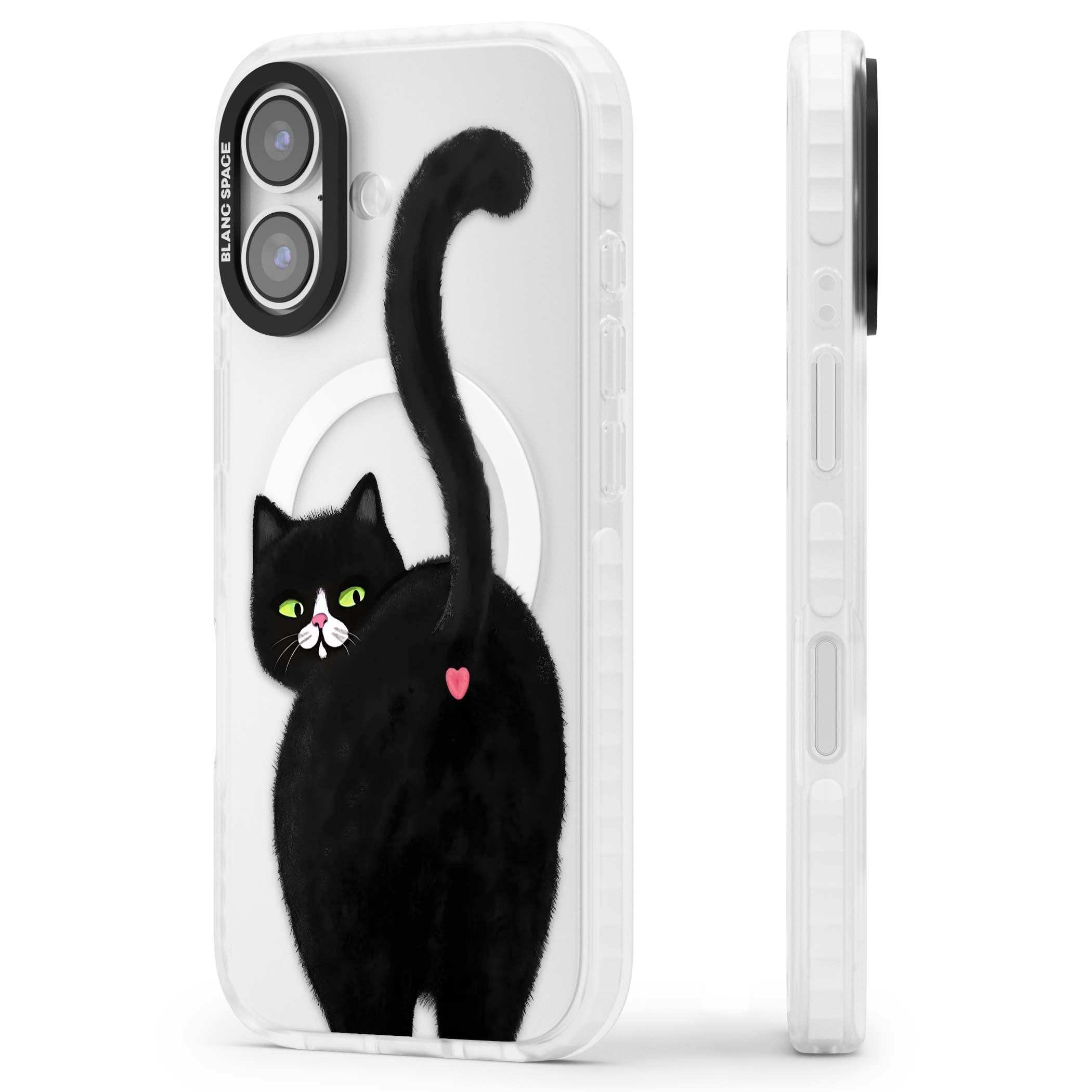 The Cat's Kiss cute cat iPhone case featuring a hand-painted tuxedo kitty with green eyes and a pink heart on a clear  | Impact Magsafe case for iPhone 17