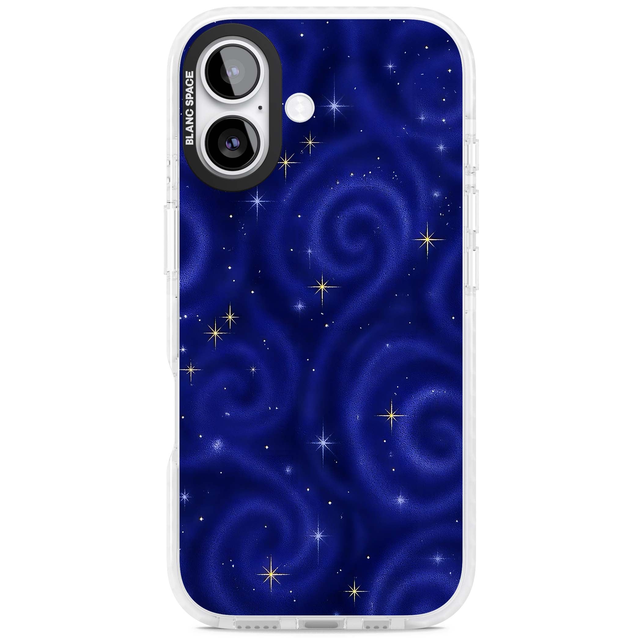 Indigo Cosmos celestial iPhone case featuring swirling navy night sky and sparkling golden stars | Impact Magsafe case for iPhone 17