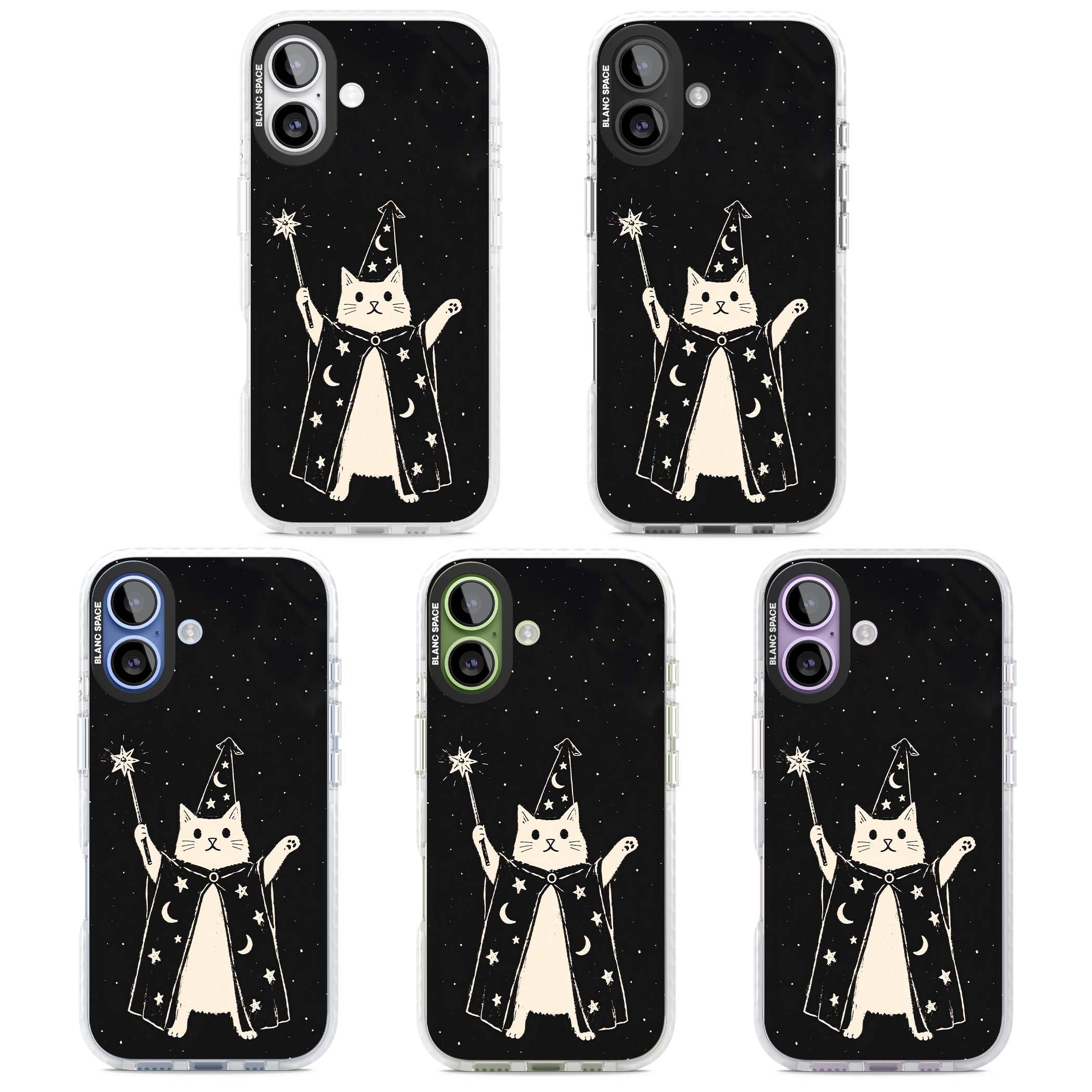 Whisker Wizard celestial cat iPhone case featuring a wizard cat with magic wand, starry night sky and crescent moons | Impact Magsafe case for iPhone 17