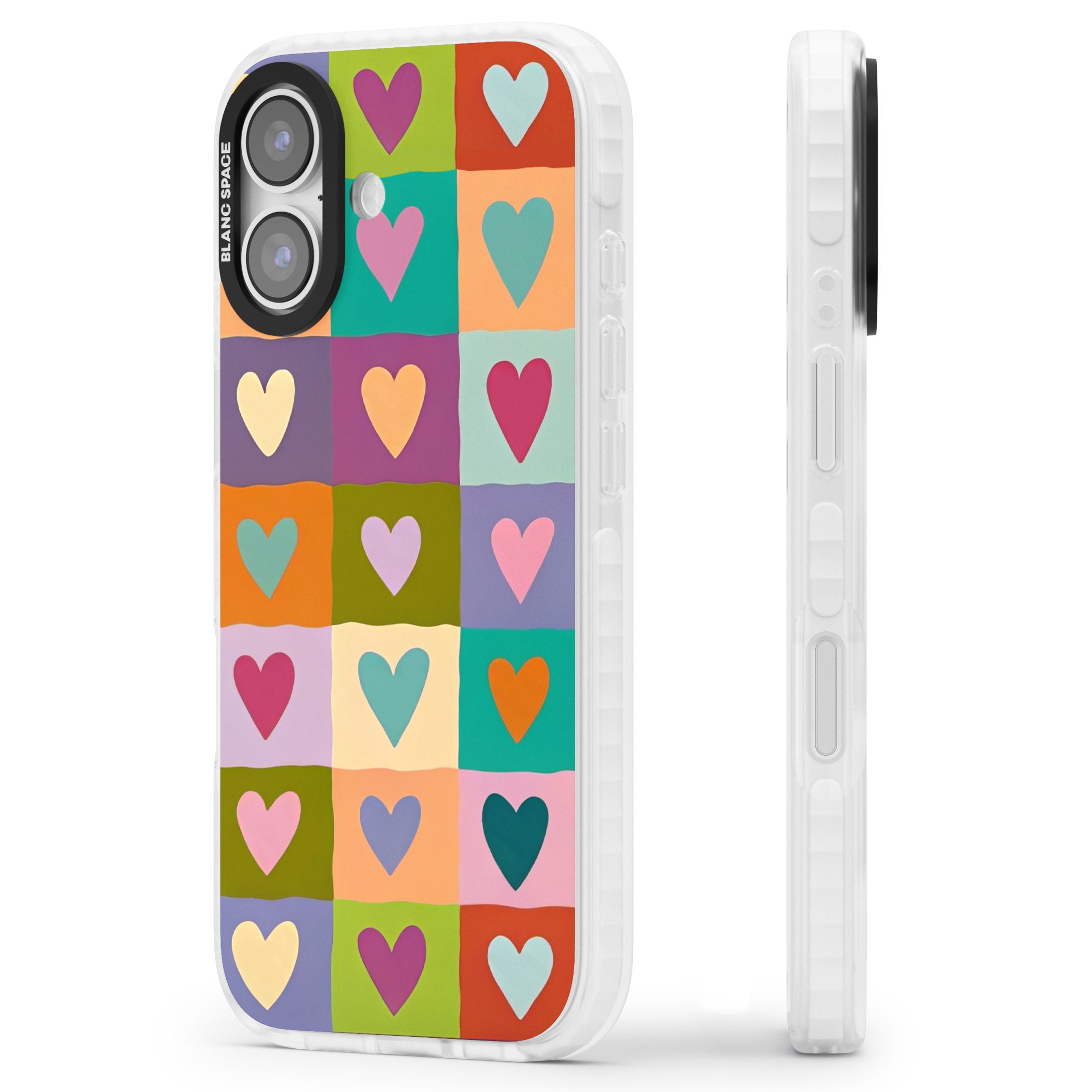 Multicolour Checked Hearts iPhone 17 Impact Pro Clear Phone Case Side Profile