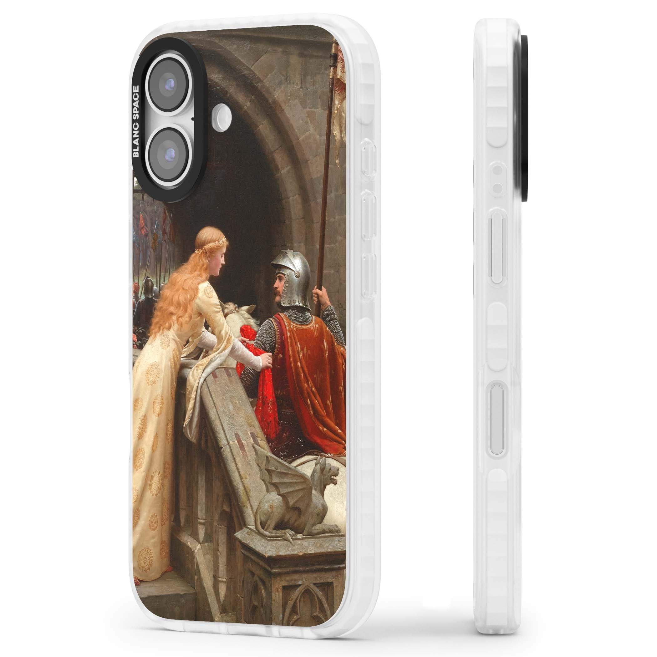 God Speed fine art iPhone case featuring Edmund Blair Leighton's medieval knight and lady beneath a stone archway | Impact Magsafe case for iPhone 17