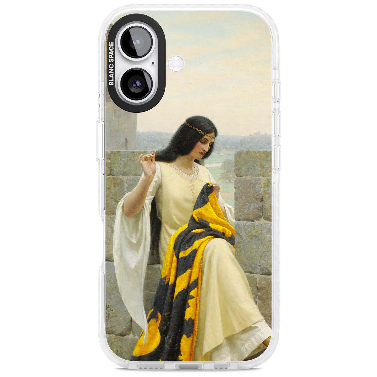 Stitching the Standard renaissance art iPhone case featuring a medieval lady sewing a golden banner on a castle wall | Impact Magsafe case for iPhone 17
