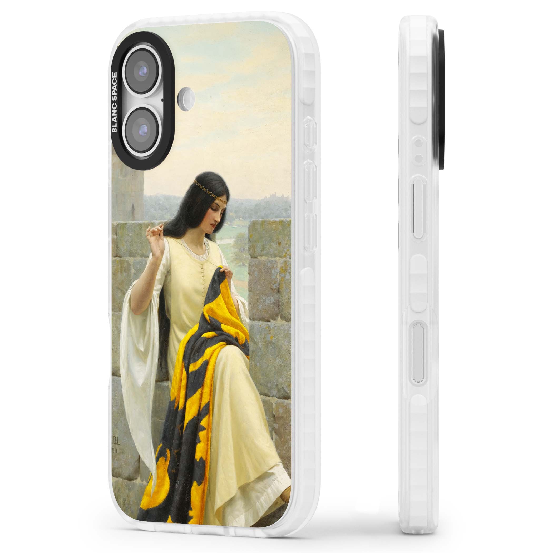 Stitching the Standard renaissance art iPhone case featuring a medieval lady sewing a golden banner on a castle wall | Impact Magsafe case for iPhone 17