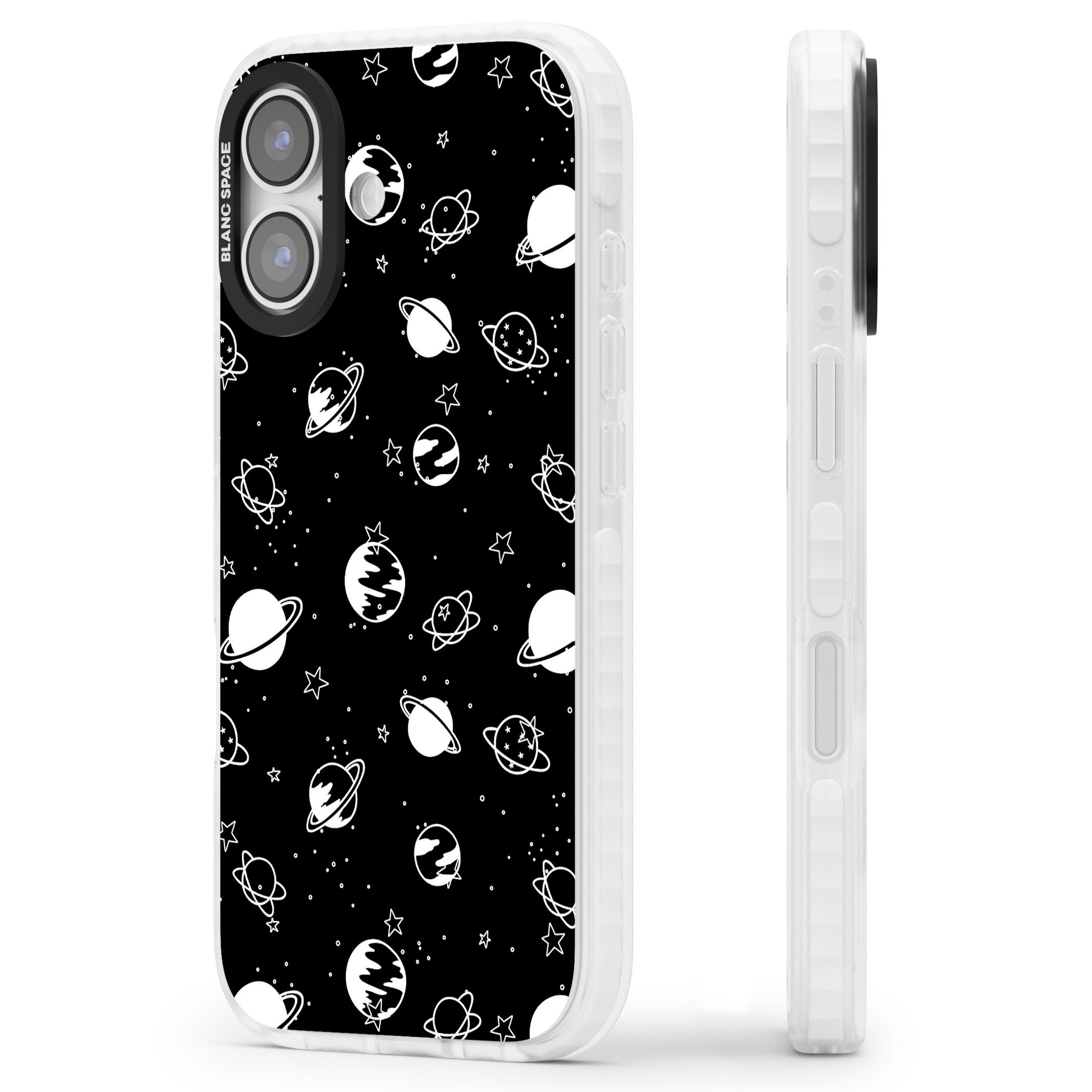 White Planets On Black iPhone 17 Impact Pro Clear Phone Case Side Profile