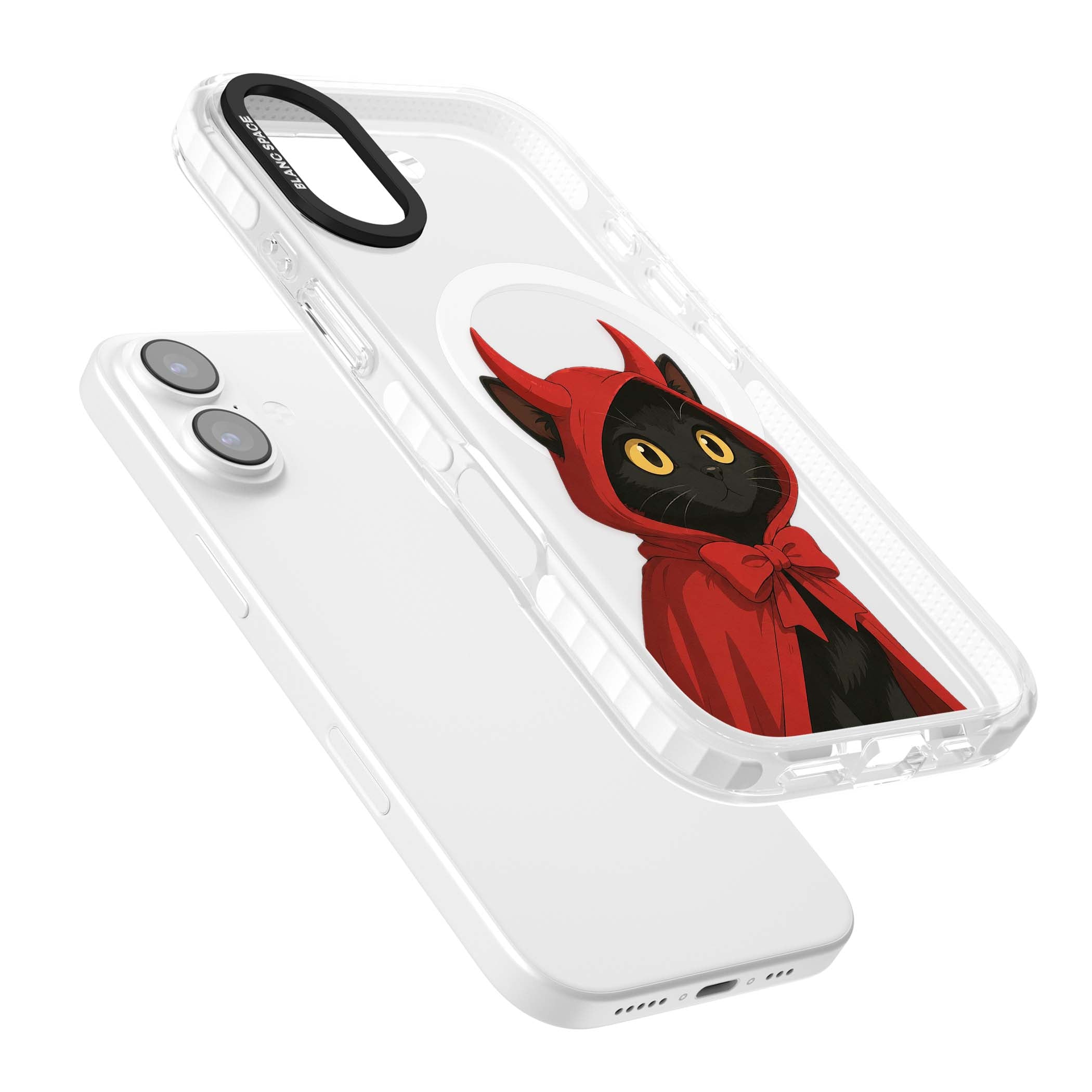 Little Devil halloween iPhone case featuring a black cat in a red hooded devil cloak with horns and golden eyes | Impact Magsafe case for iPhone 17