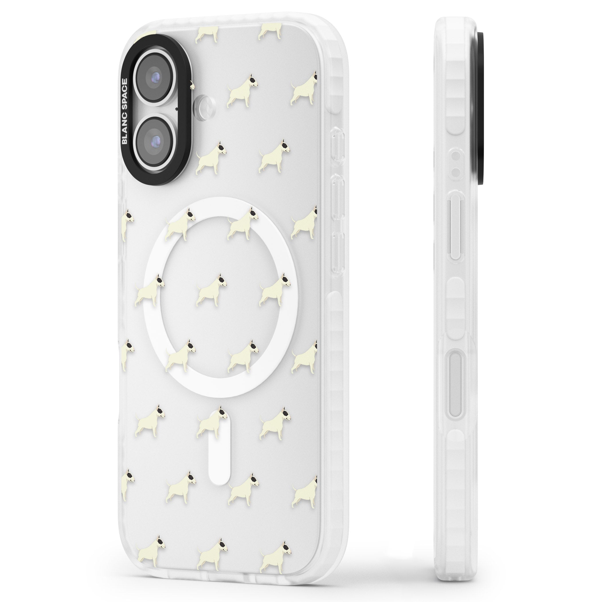 Bull Terrier Pattern iPhone 17 Impact Pro Clear Phone Case Side Profile