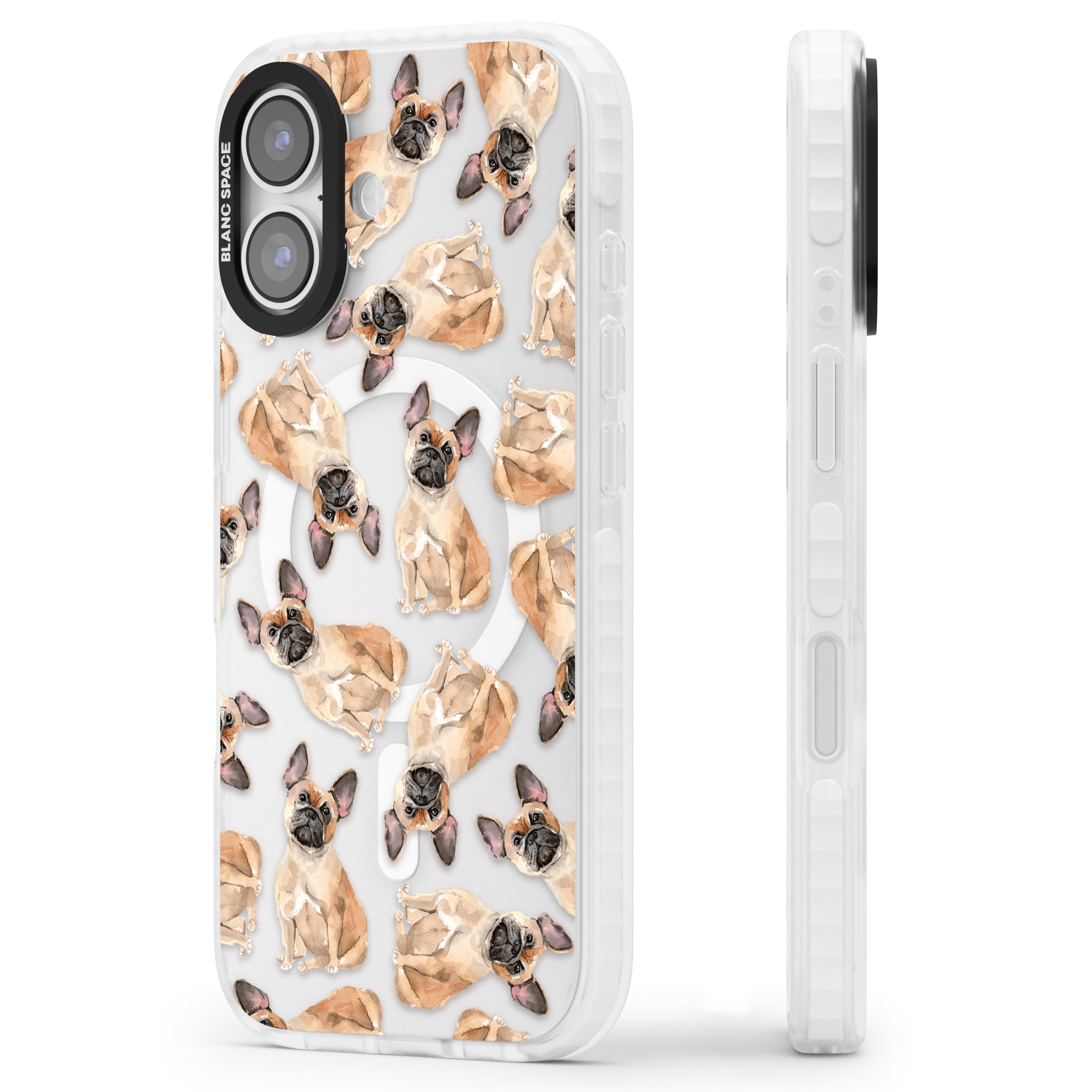 French Bulldog Watercolour Pattern iPhone 17 Impact Pro Clear Phone Case Side Profile