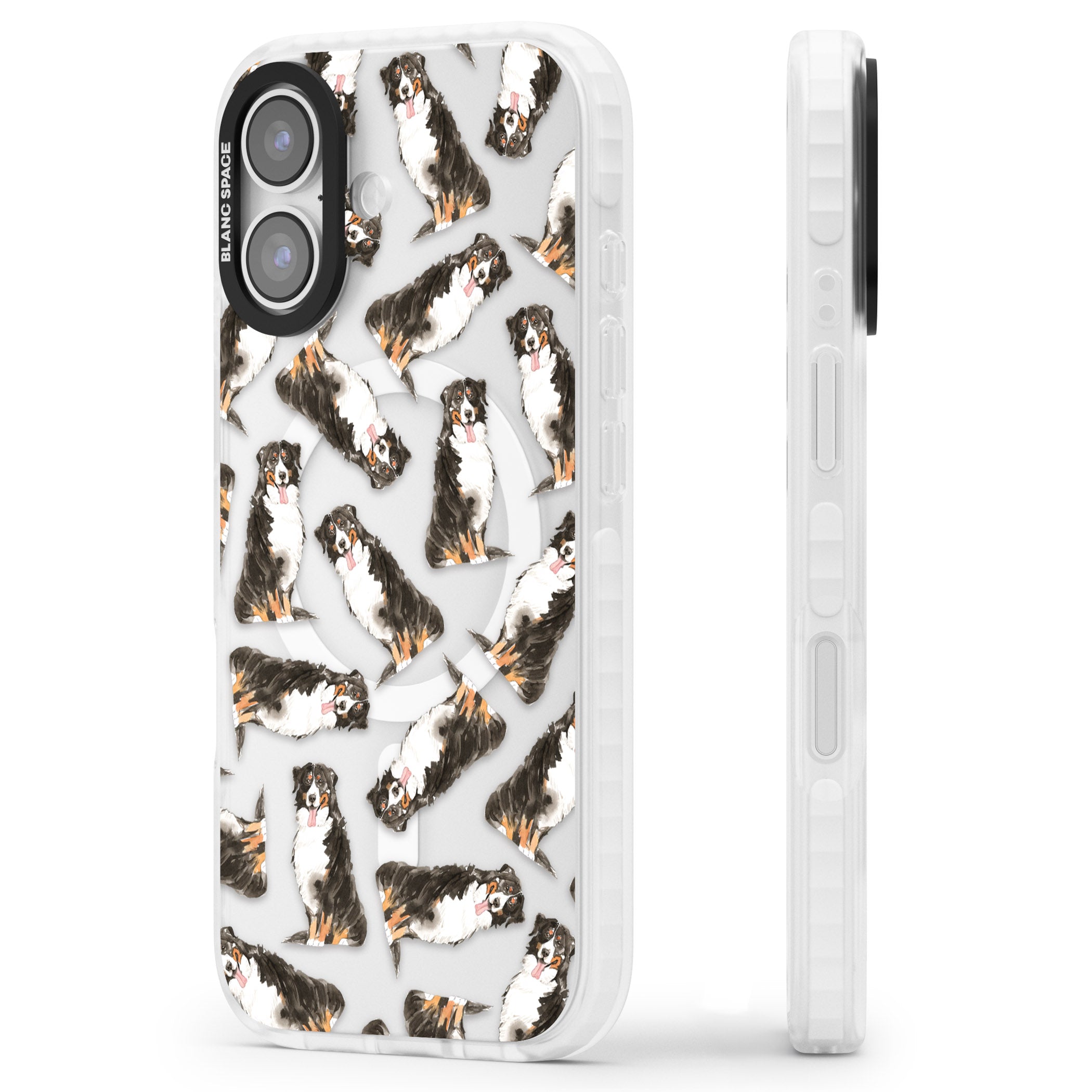 Bernese Mountain Dog Pattern iPhone 17 Impact Pro Clear Phone Case Side Profile