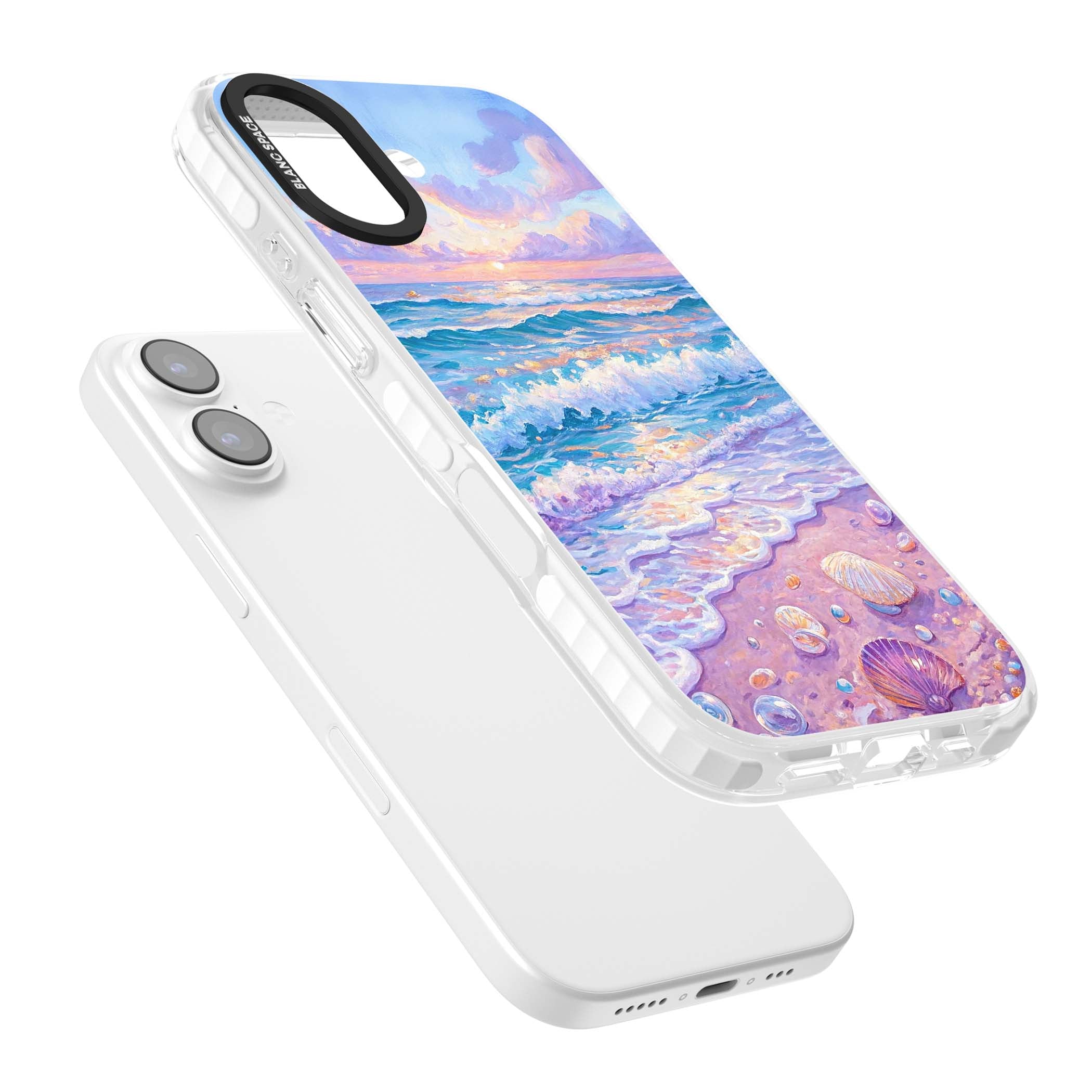 Pearl Shore coastal iPhone case featuring pastel painted waves, seashells, and a sunrise sky over a lavender beach. | Impact Magsafe case for iPhone 17