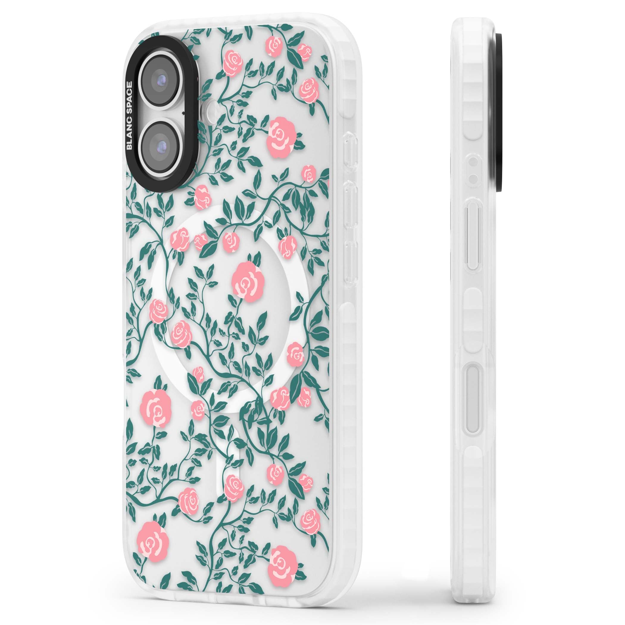 Rose Trellis (Clear) cottagecore iPhone case featuring pink climbing roses and green leaves on clear background | Impact Magsafe case for iPhone 17