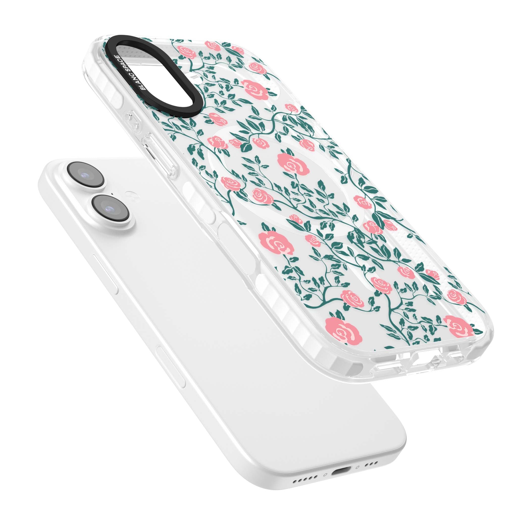 Rose Trellis (Clear) cottagecore iPhone case featuring pink climbing roses and green leaves on clear background | Impact Magsafe case for iPhone 17