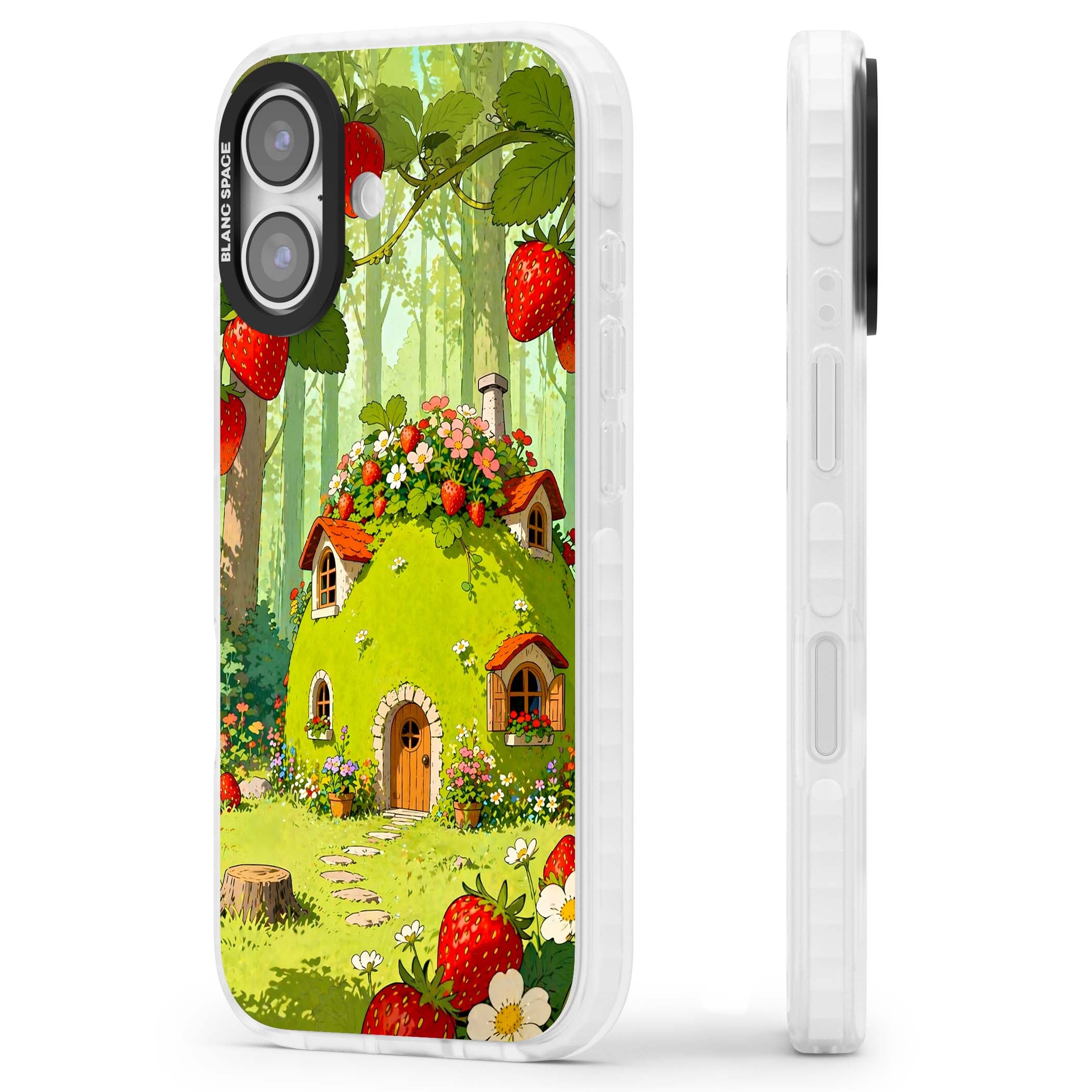 Strawberry Cottage cottagecore iPhone case featuring a green fairy house, wild strawberries and enchanted forest flowers | Impact Magsafe case for iPhone 17