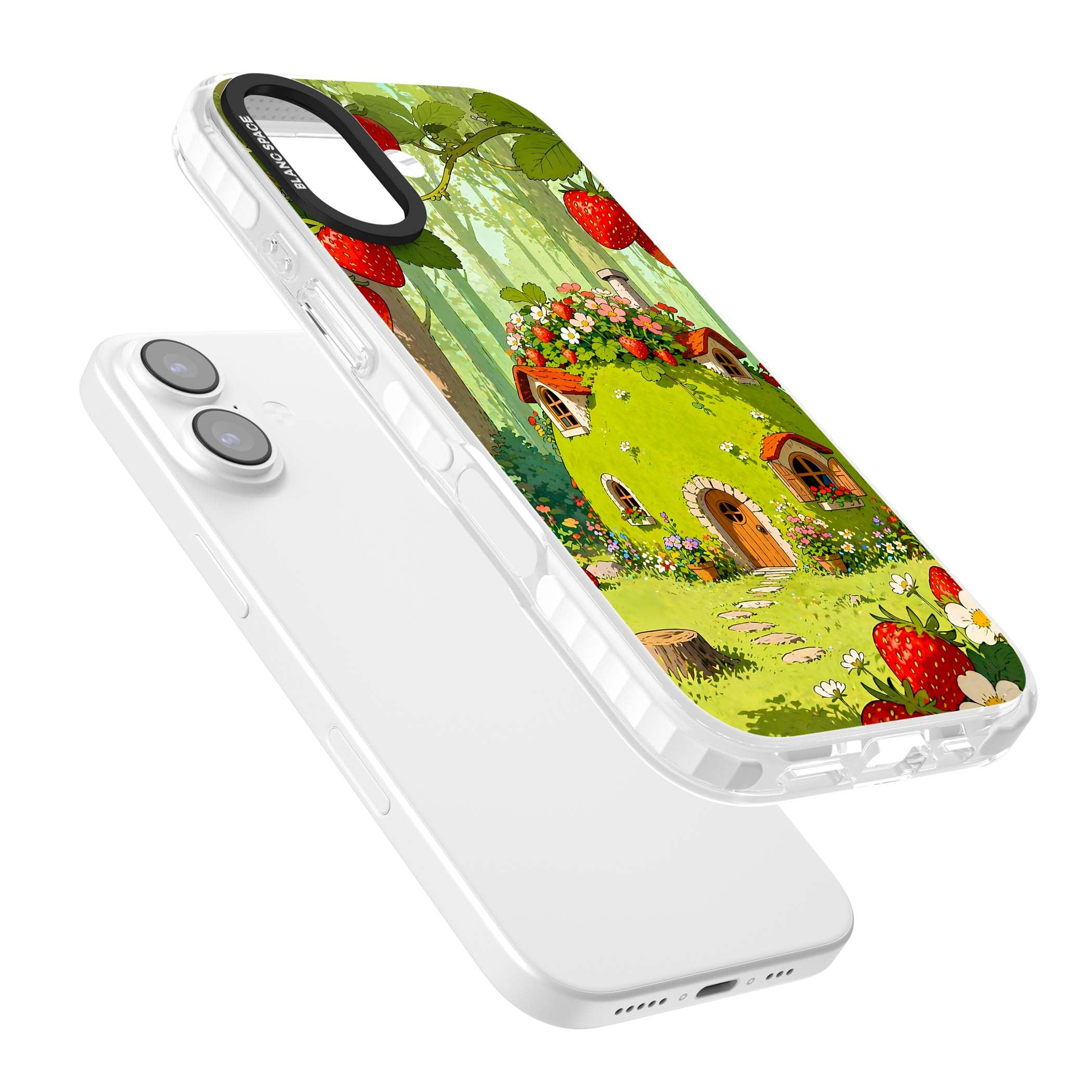 Strawberry Cottage cottagecore iPhone case featuring a green fairy house, wild strawberries and enchanted forest flowers | Impact Magsafe case for iPhone 17