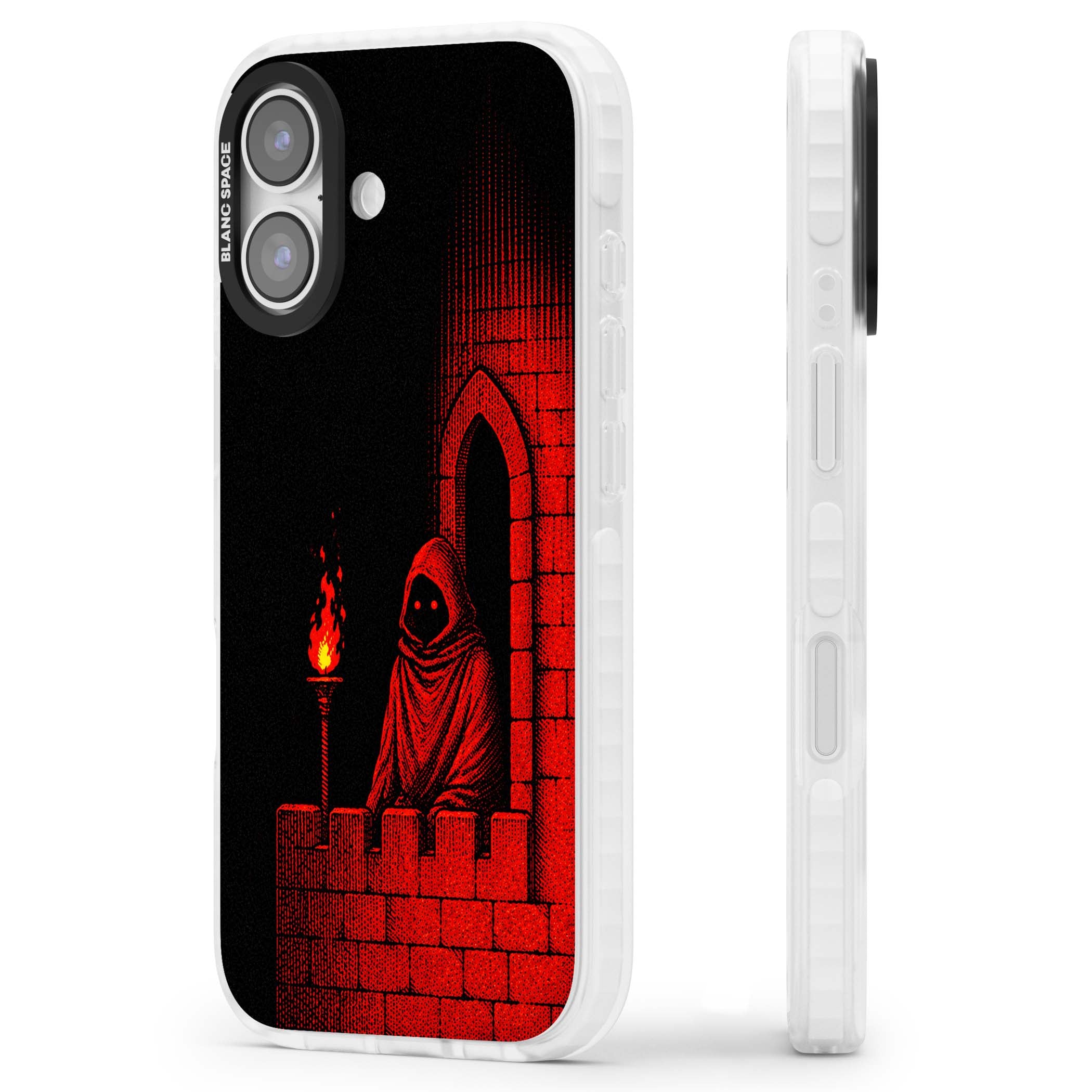 Crimson Crypt gothic iPhone case featuring a hooded reaper, torchlit crypt archway and red halftone horror art | Impact Magsafe case for iPhone 17