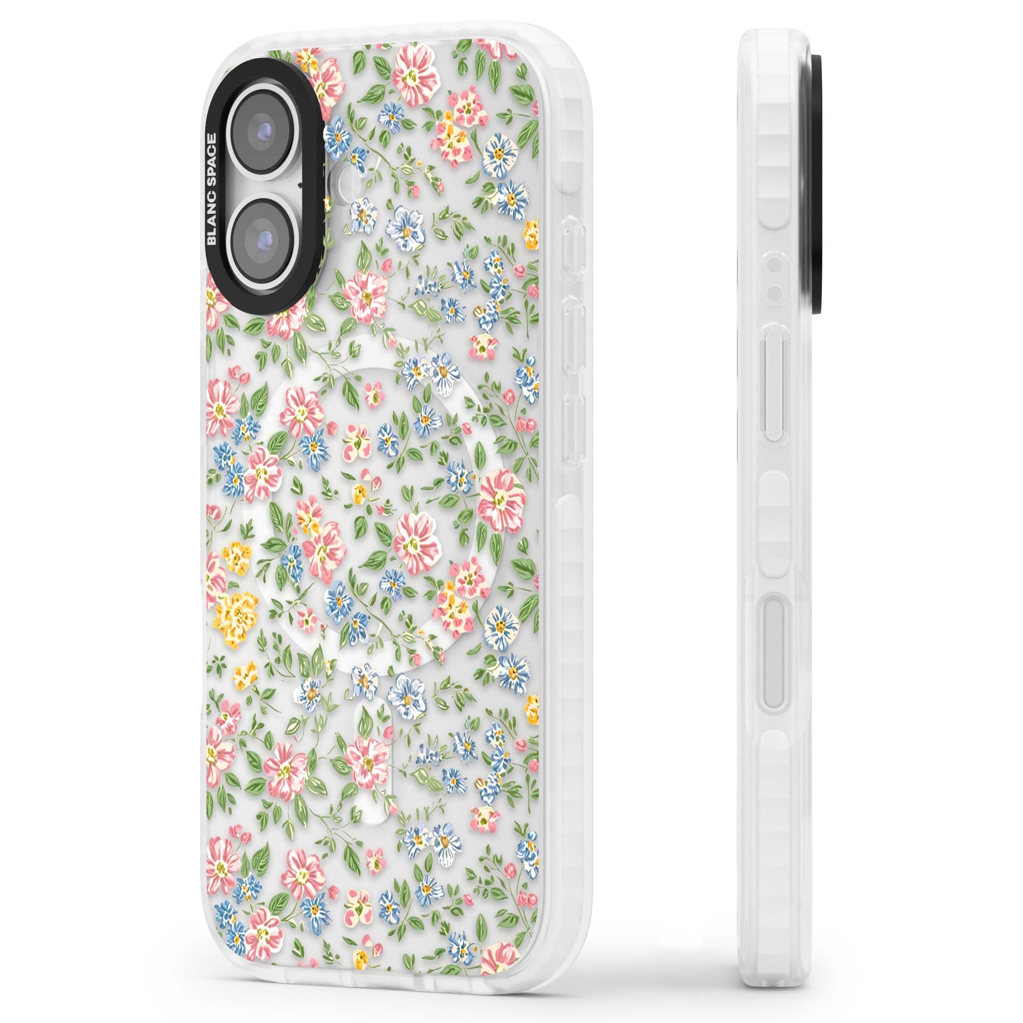 Soft Meadow cottagecore iPhone case featuring pink cosmos, blue forget-me-nots, yellow buttercups and green leaves sca | Impact Magsafe case for iPhone 17