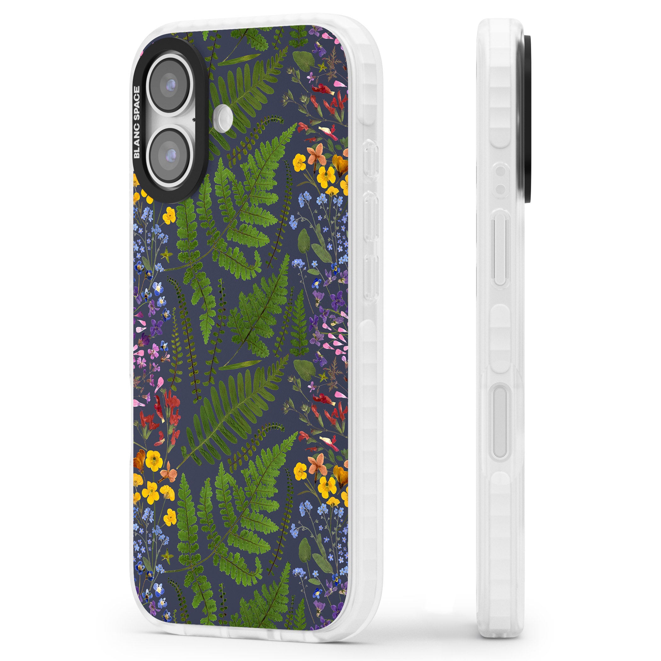 Busy Floral And Fern Design Navy iPhone 17 Impact Pro Clear Phone Case Side Profile