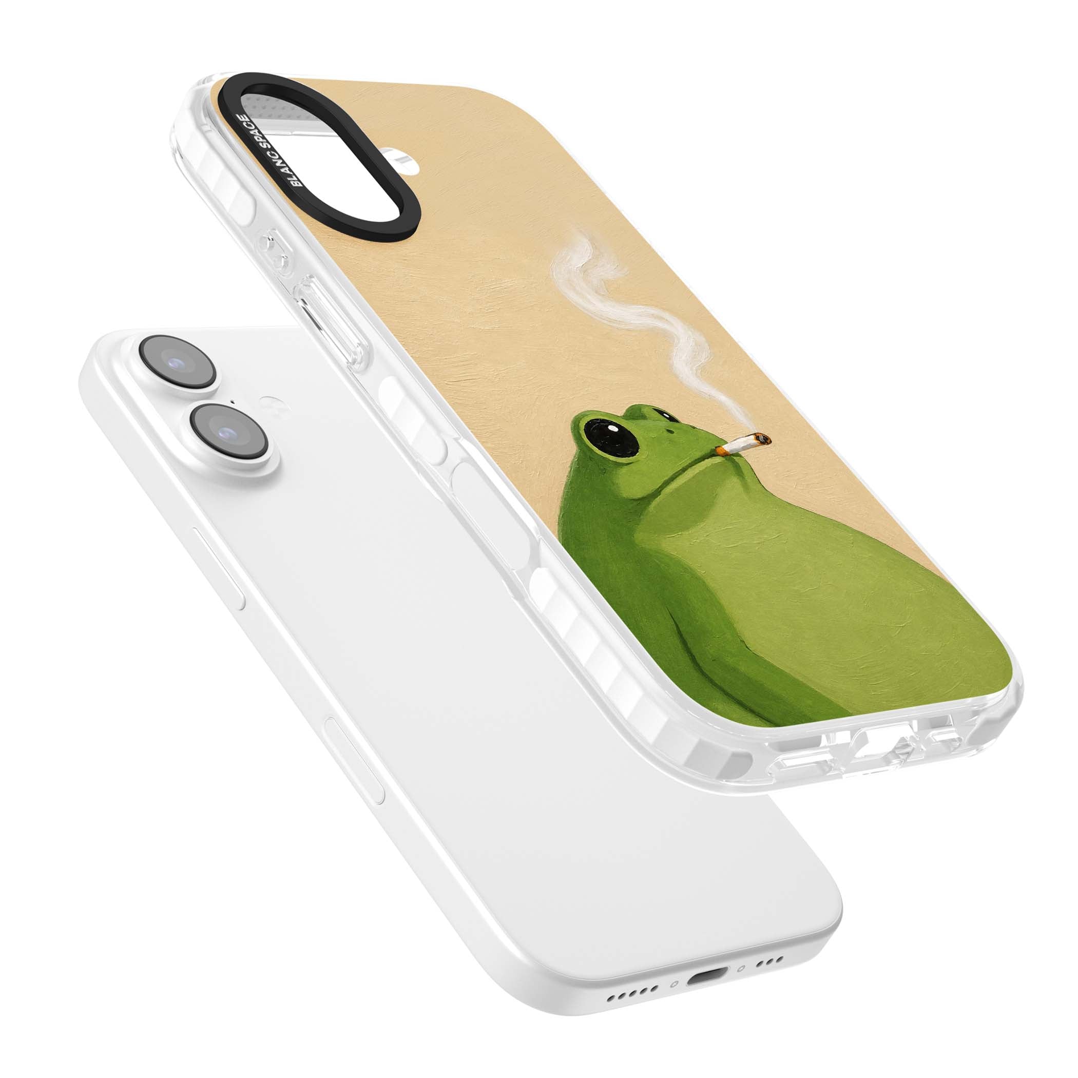 The Smoking Frog cottagecore iPhone case featuring a hand-painted green frog smoking a cigarette on a cream oil painting back | Impact Magsafe case for iPhone 17