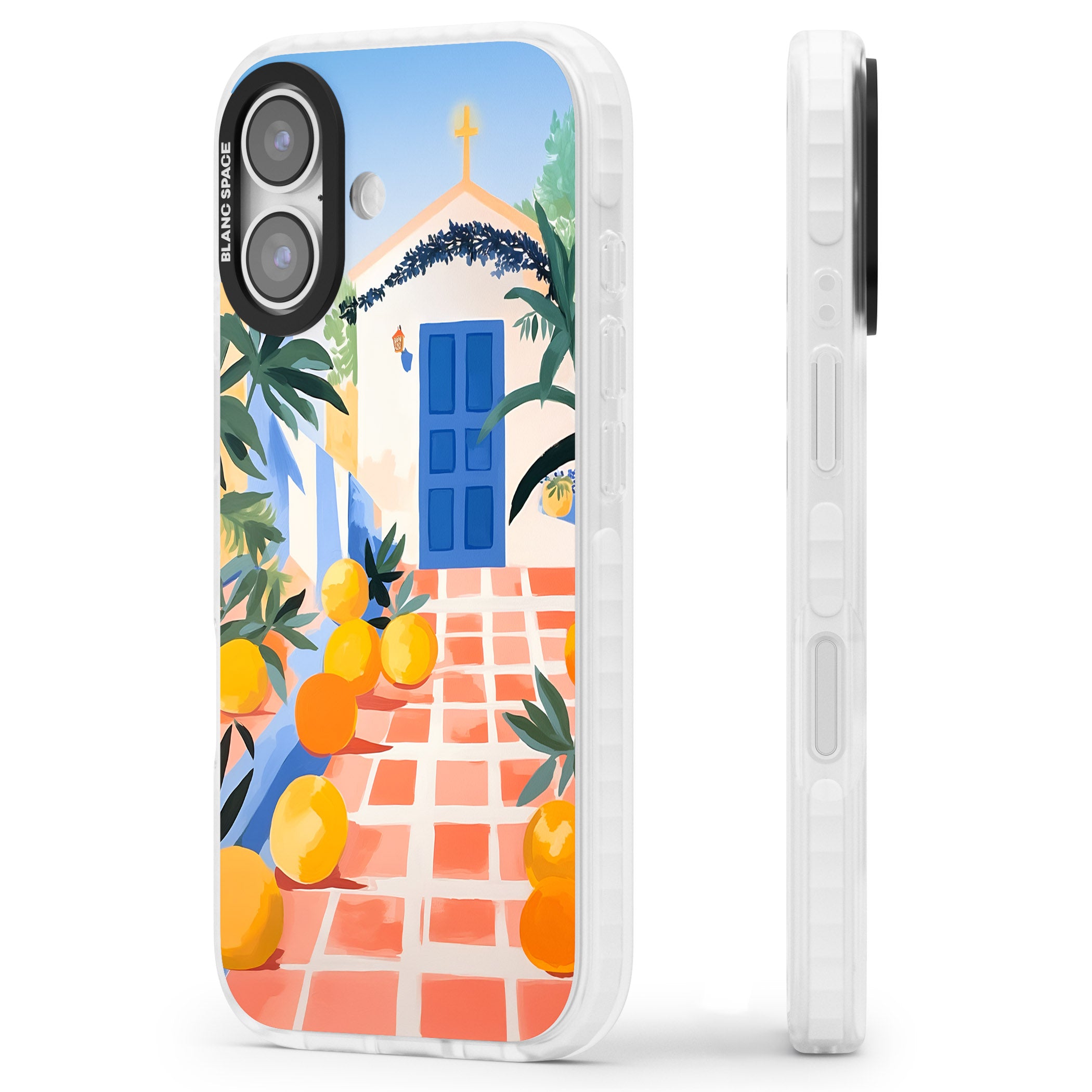 Greek Courtyard iPhone 17 Impact Pro Clear Phone Case Side Profile