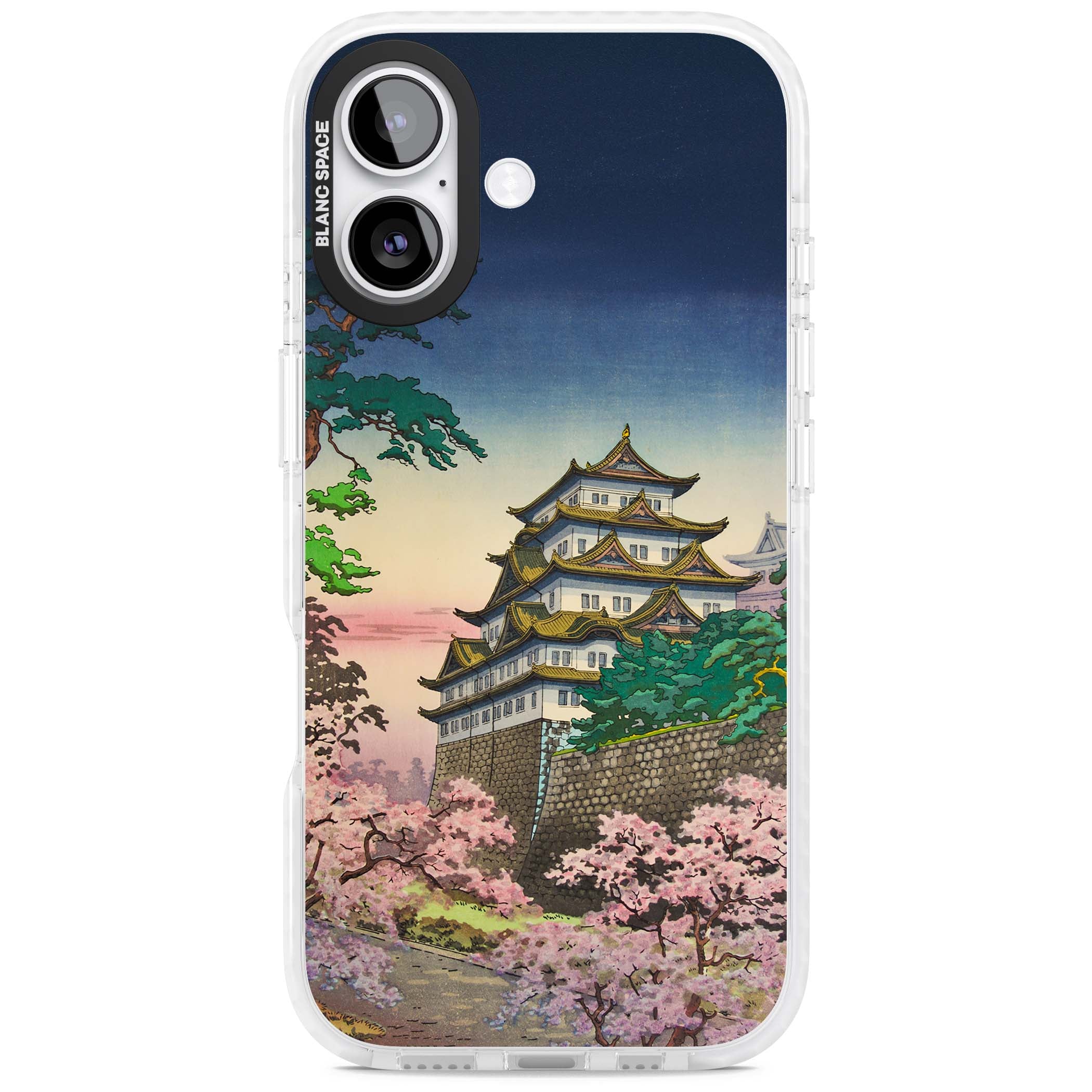 Nagoya Castle Japanese iPhone case featuring a vintage pagoda, twilight sky and cherry blossom trees | Impact Magsafe case for iPhone 17