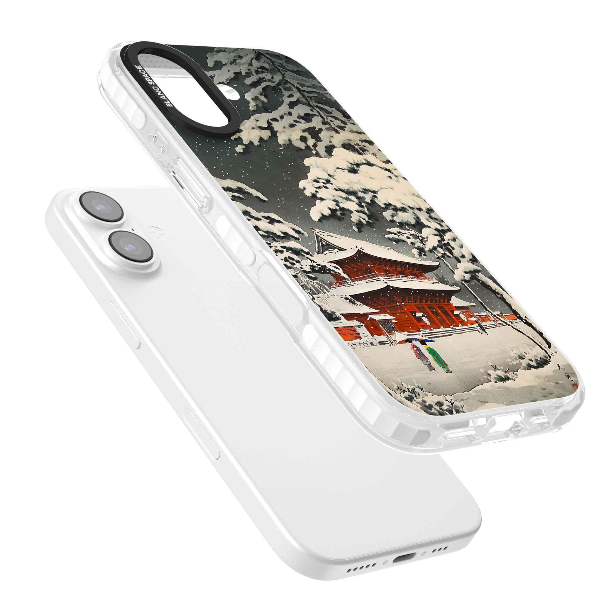 Snow at Shiha Park, Tokyo Japanese art iPhone case featuring a vintage ukiyo-e snowy temple, red pagoda, and snow-covered pin | Impact Magsafe case for iPhone 17