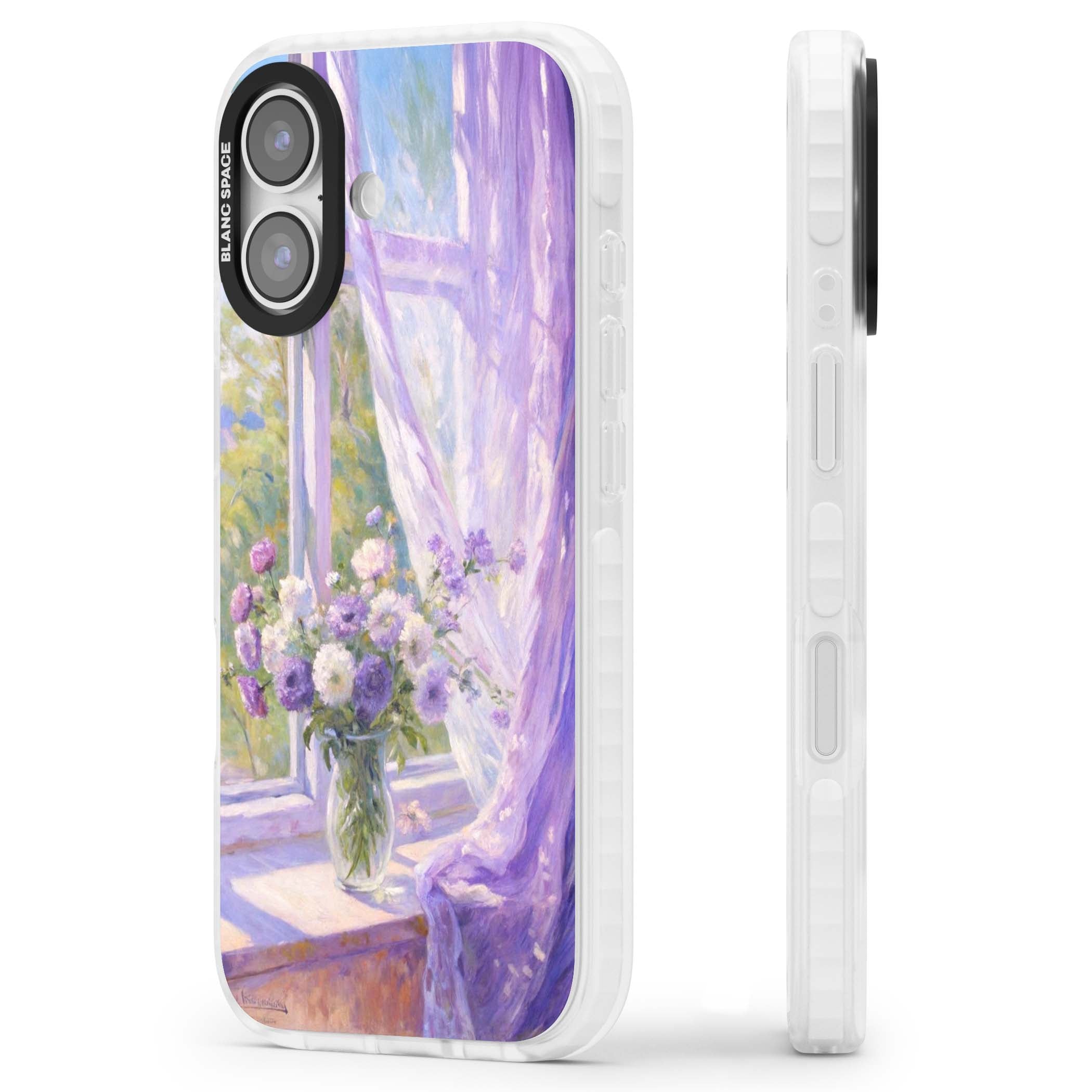 A Provence Morning impressionist art iPhone case featuring a vase of purple flowers, sunlit window and sheer curt | Impact Magsafe case for iPhone 17