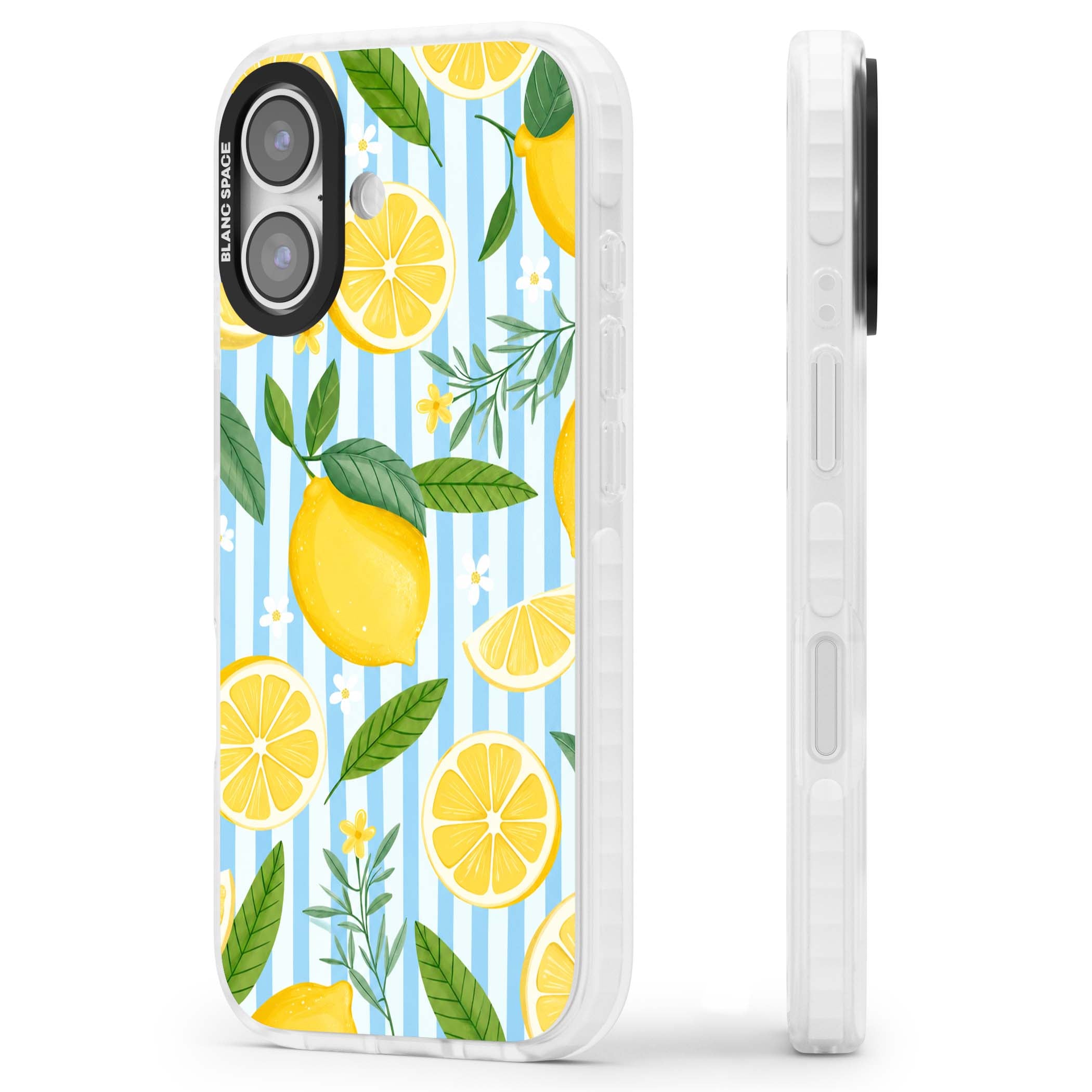 Capri Citrus Stripe coastal iPhone case featuring yellow lemons, blue stripes, and white daisy blossoms | Impact Magsafe case for iPhone 17