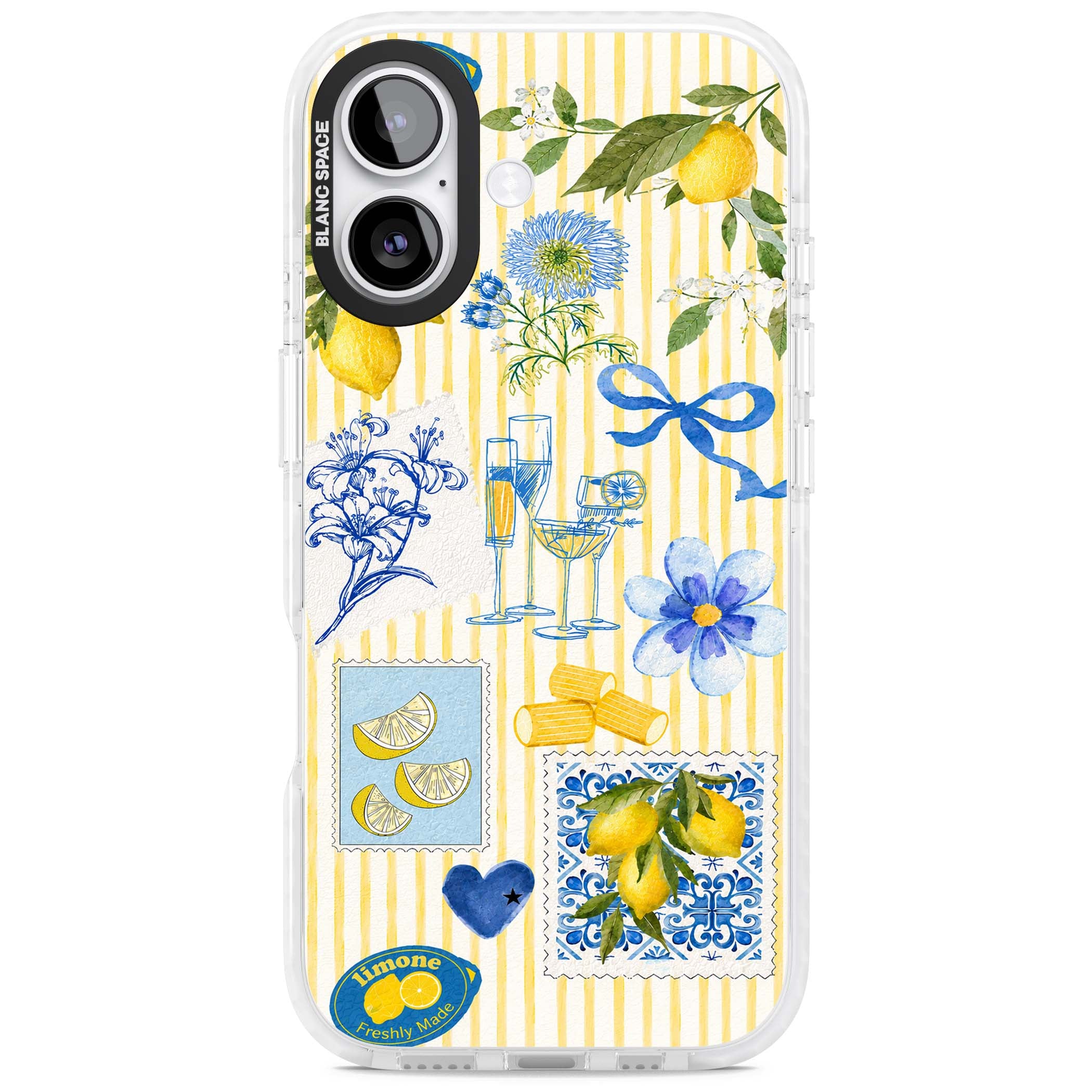 Limone Riviera Italian summer iPhone case featuring watercolour lemons, blue ribbon bows and majolica tile stamps on... | Impact Magsafe case for iPhone 17