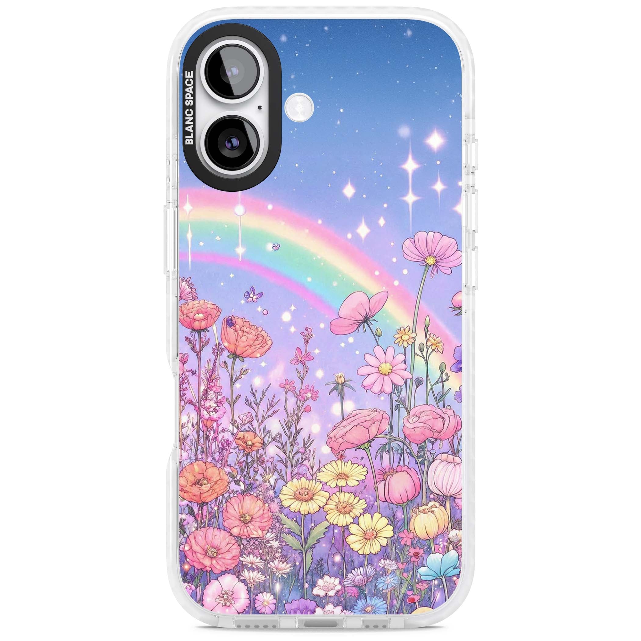 Magical Meadow fairycore iPhone case featuring a pastel rainbow, sparkling stars and a wildflower meadow | Impact Magsafe case for iPhone 17