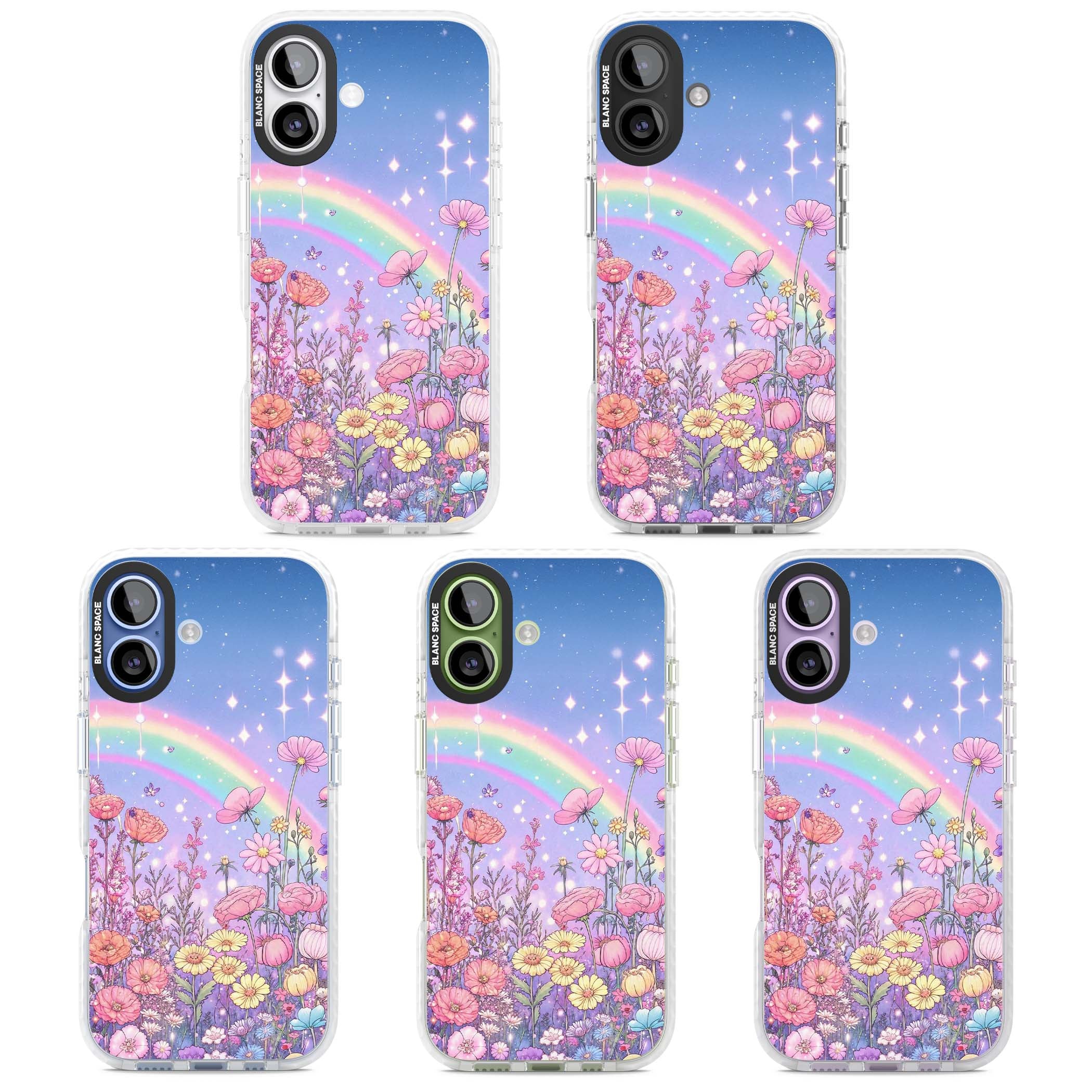 Magical Meadow fairycore iPhone case featuring a pastel rainbow, sparkling stars and a wildflower meadow | Impact Magsafe case for iPhone 17