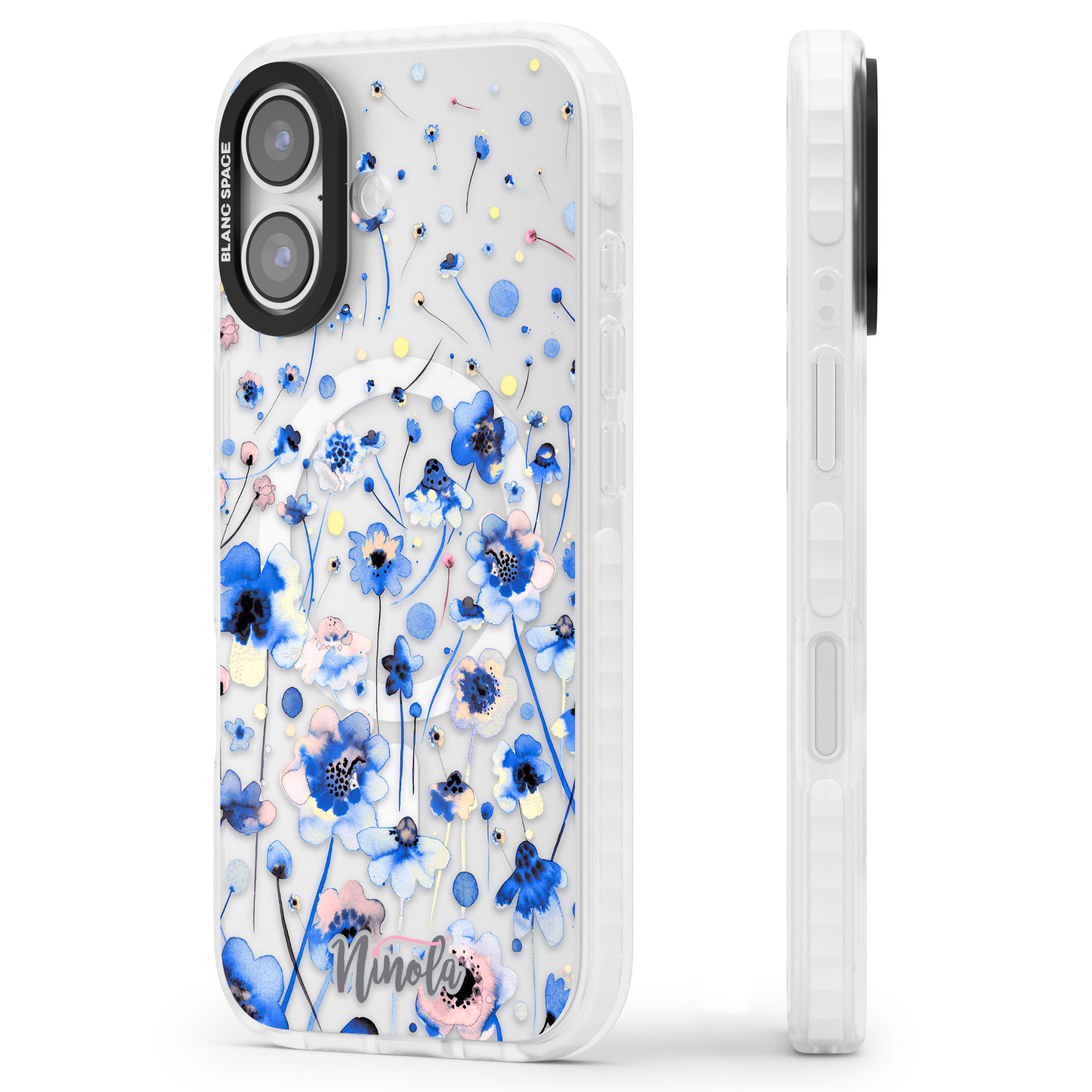 Ink Flowers Blue iPhone 17 Impact Pro Clear Phone Case Side Profile