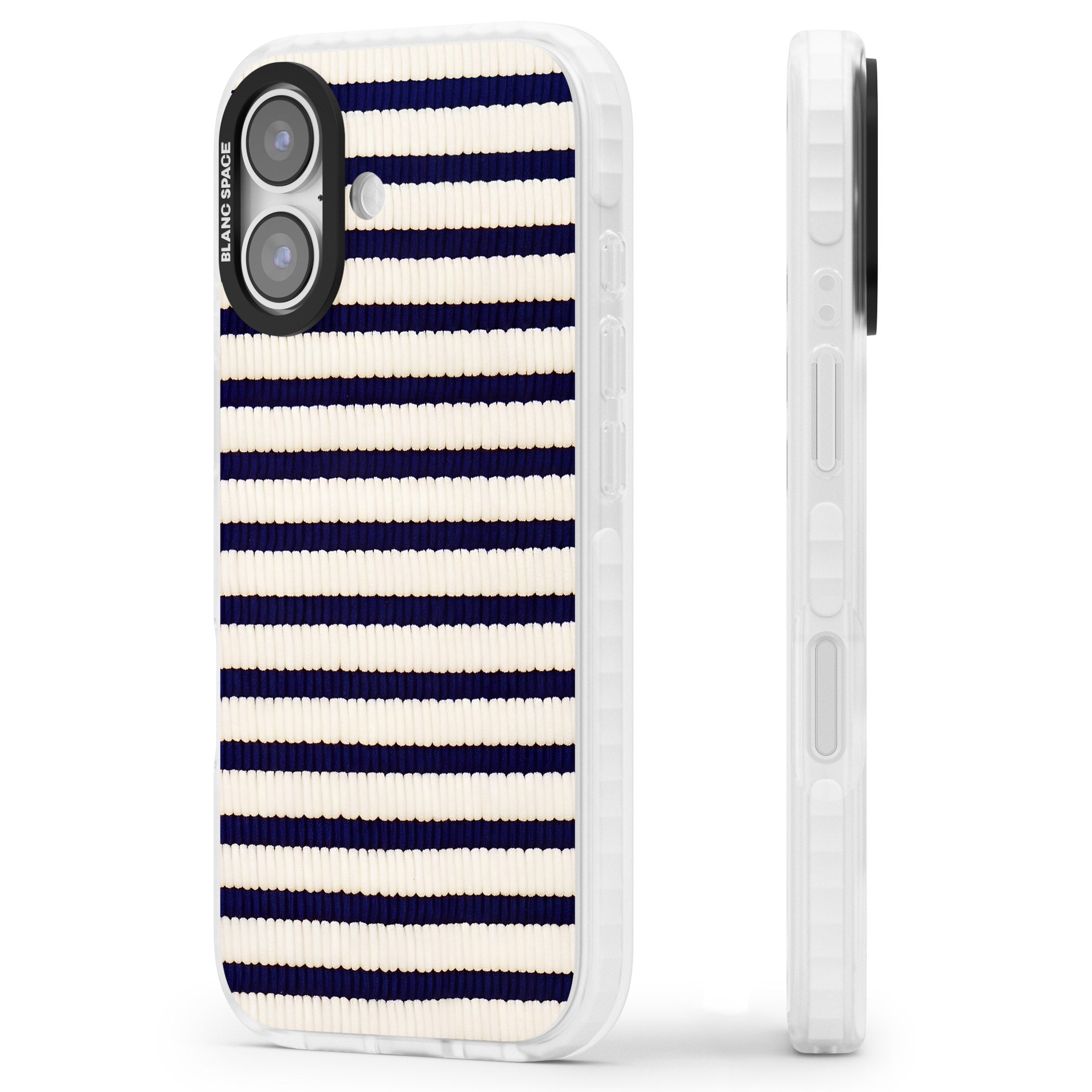 Navy & Cream Stripes iPhone 17 Impact Pro Clear Phone Case Side Profile