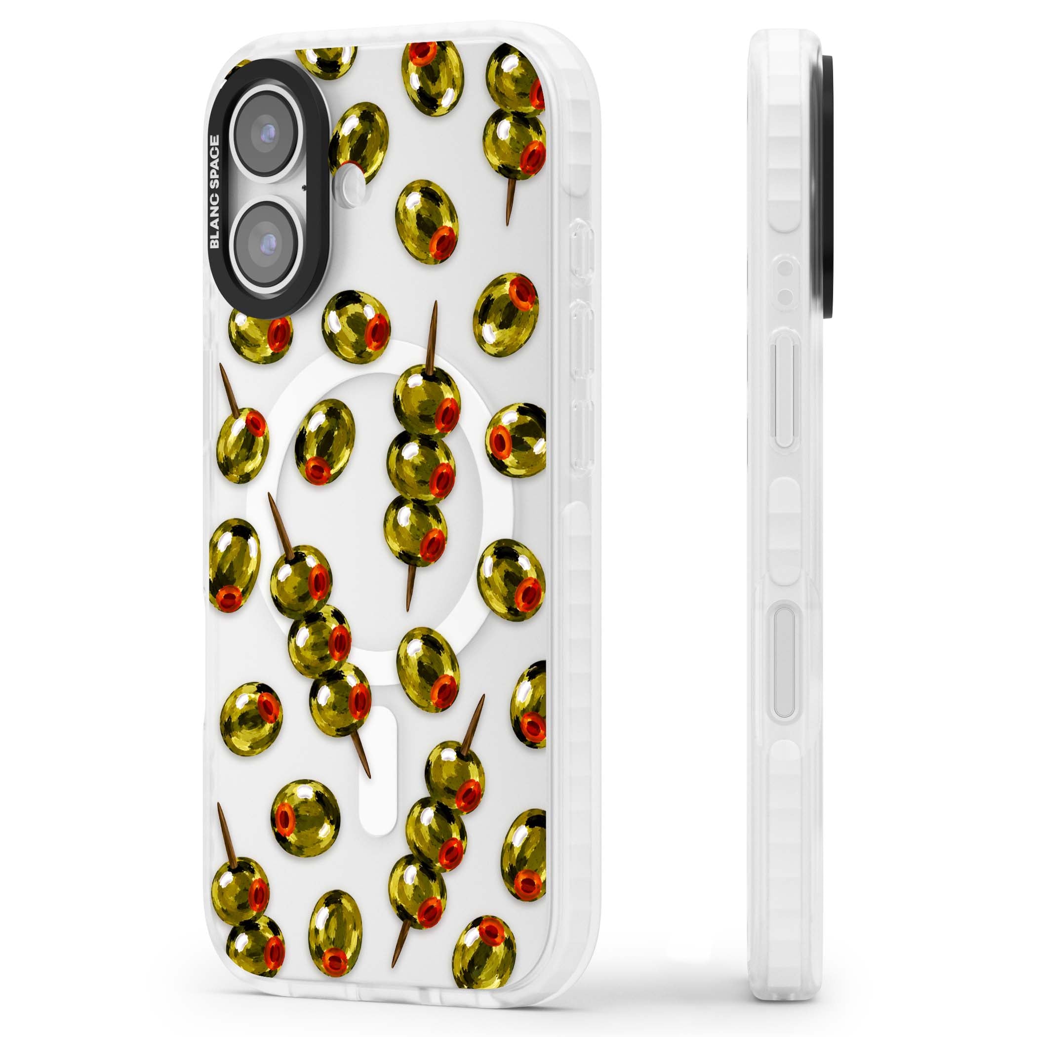 Painted Olives cocktail iPhone case featuring green olives, pimento centres and toothpick skewers on a clear background | Impact Magsafe case for iPhone 17