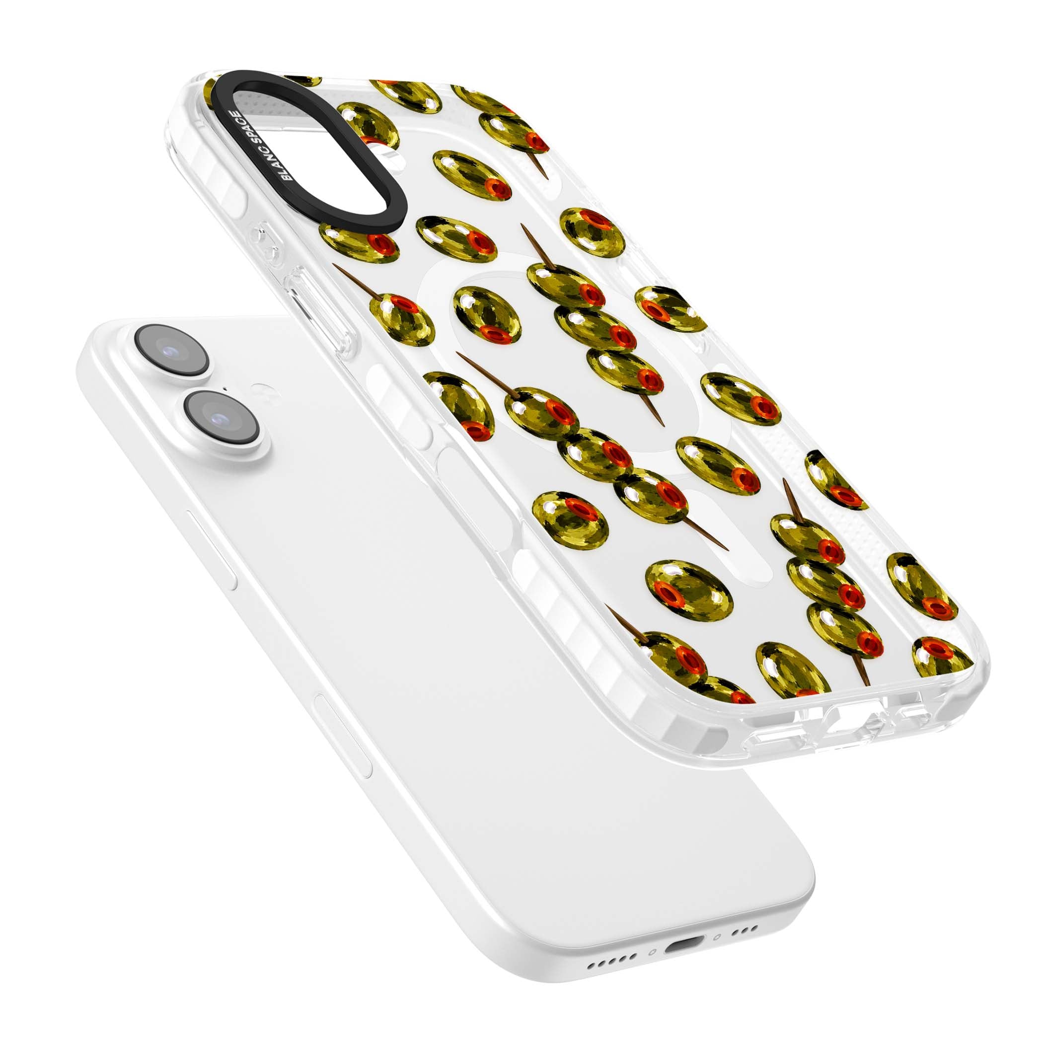 Painted Olives cocktail iPhone case featuring green olives, pimento centres and toothpick skewers on a clear background | Impact Magsafe case for iPhone 17